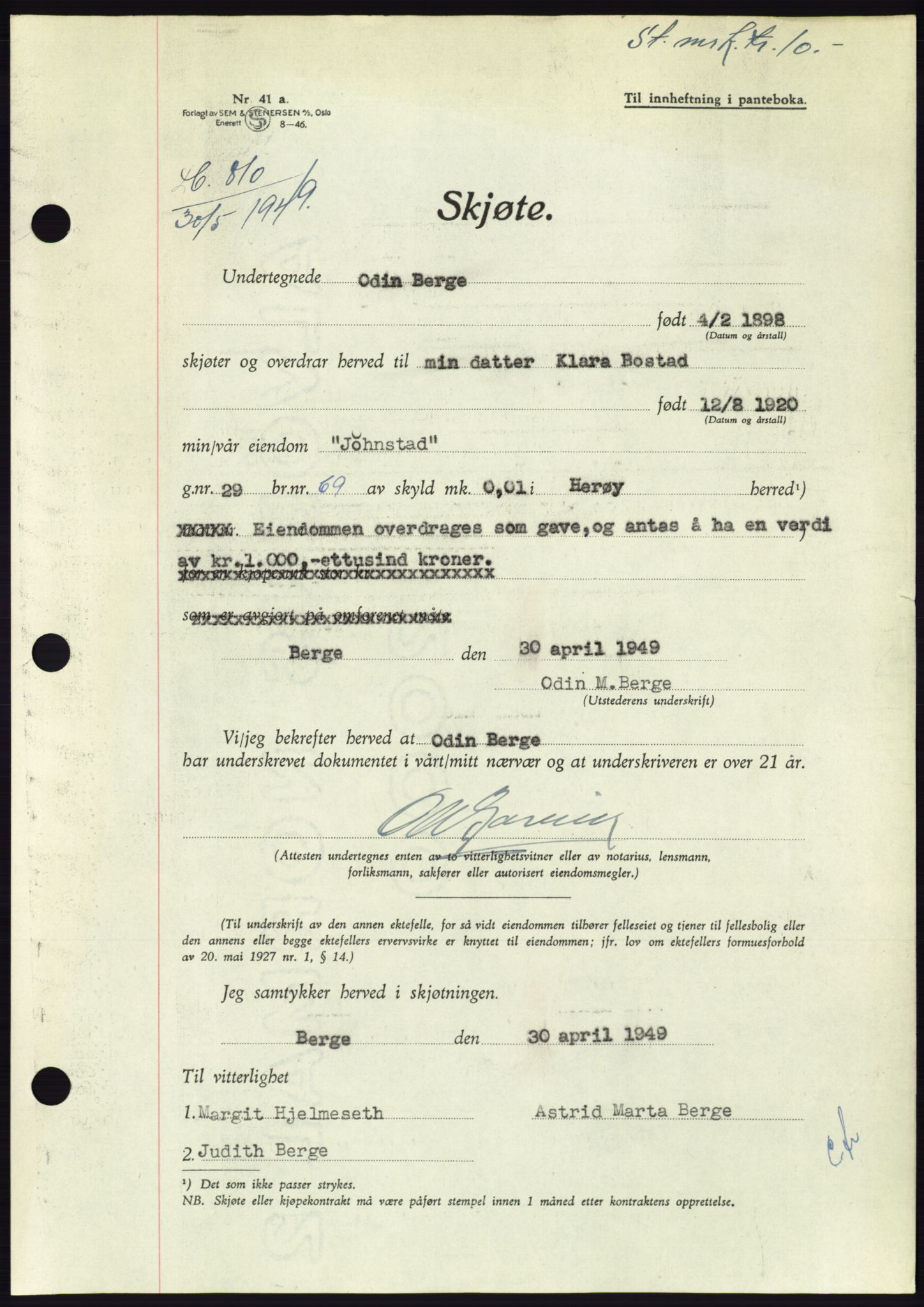 Søre Sunnmøre sorenskriveri, AV/SAT-A-4122/1/2/2C/L0084: Mortgage book no. 10A, 1949-1949, Diary no: : 810/1949