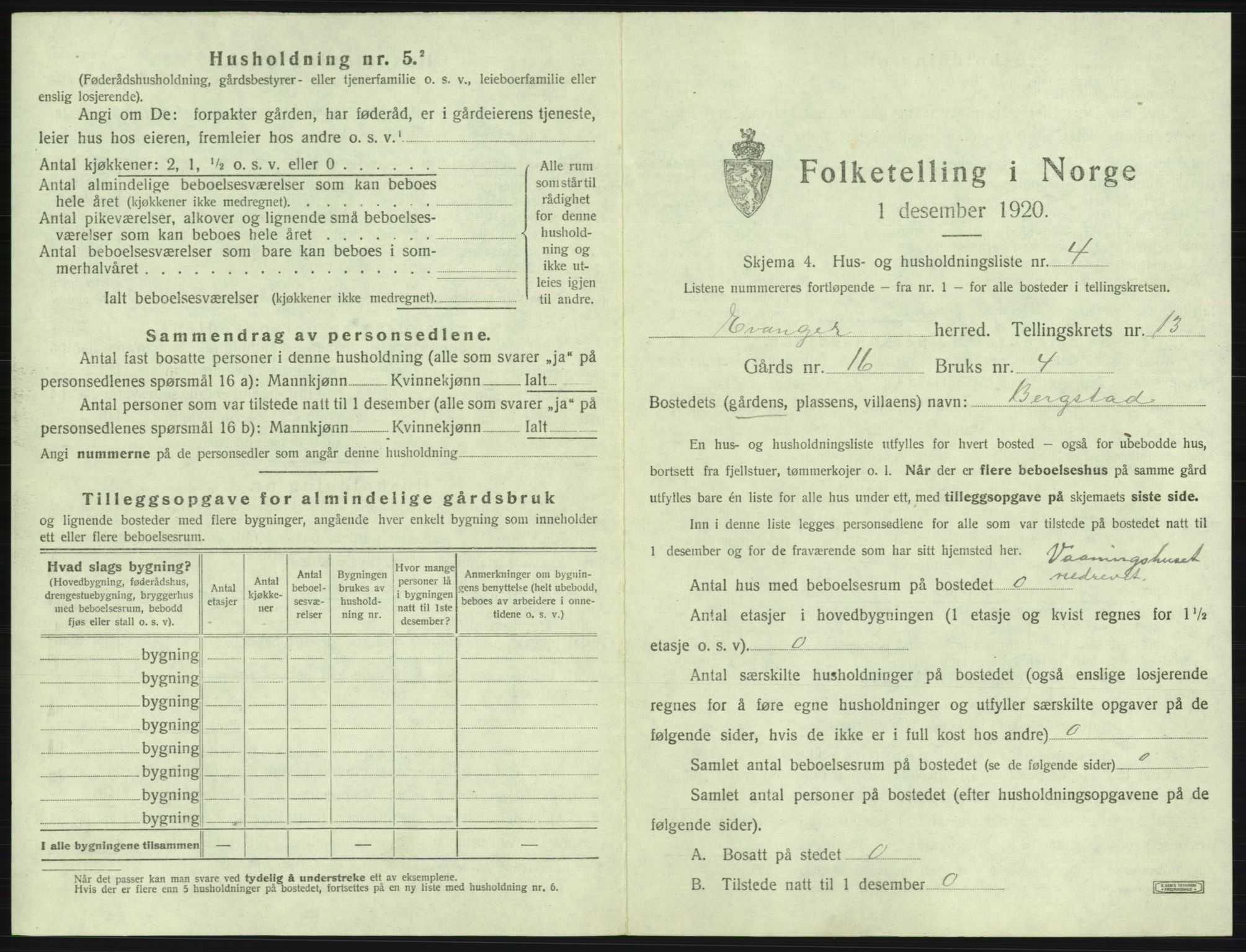 SAB, 1920 census for Evanger, 1920, p. 617