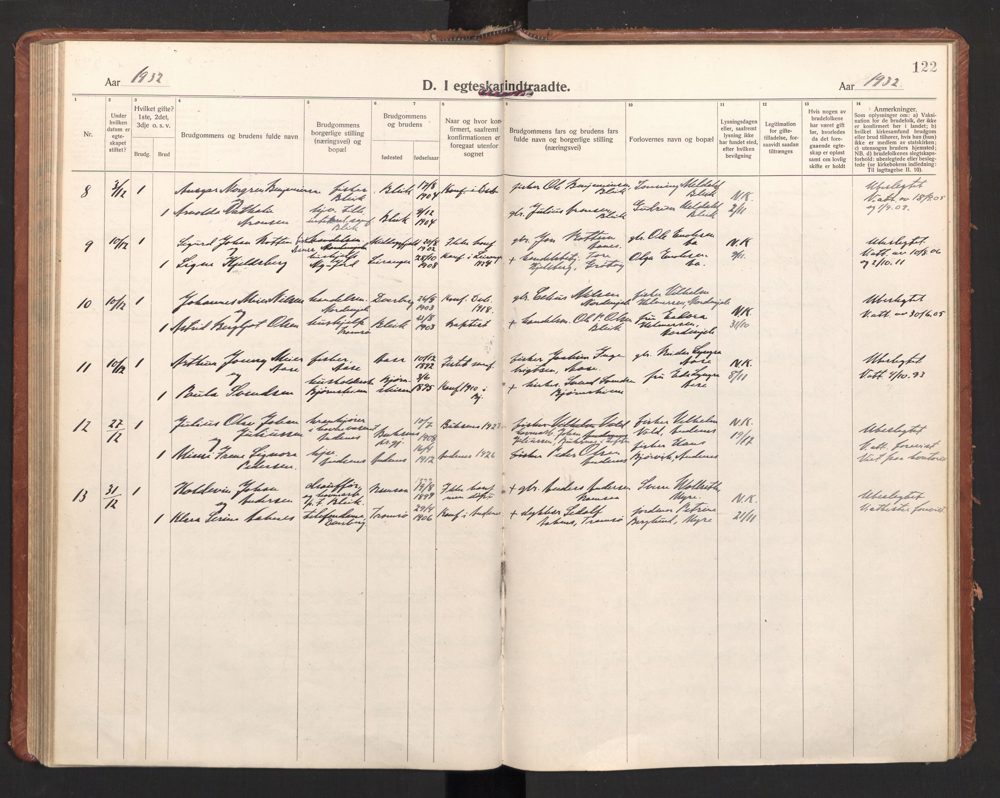 Ministerialprotokoller, klokkerbøker og fødselsregistre - Nordland, AV/SAT-A-1459/897/L1408: Parish register (official) no. 897A15, 1922-1938, p. 122