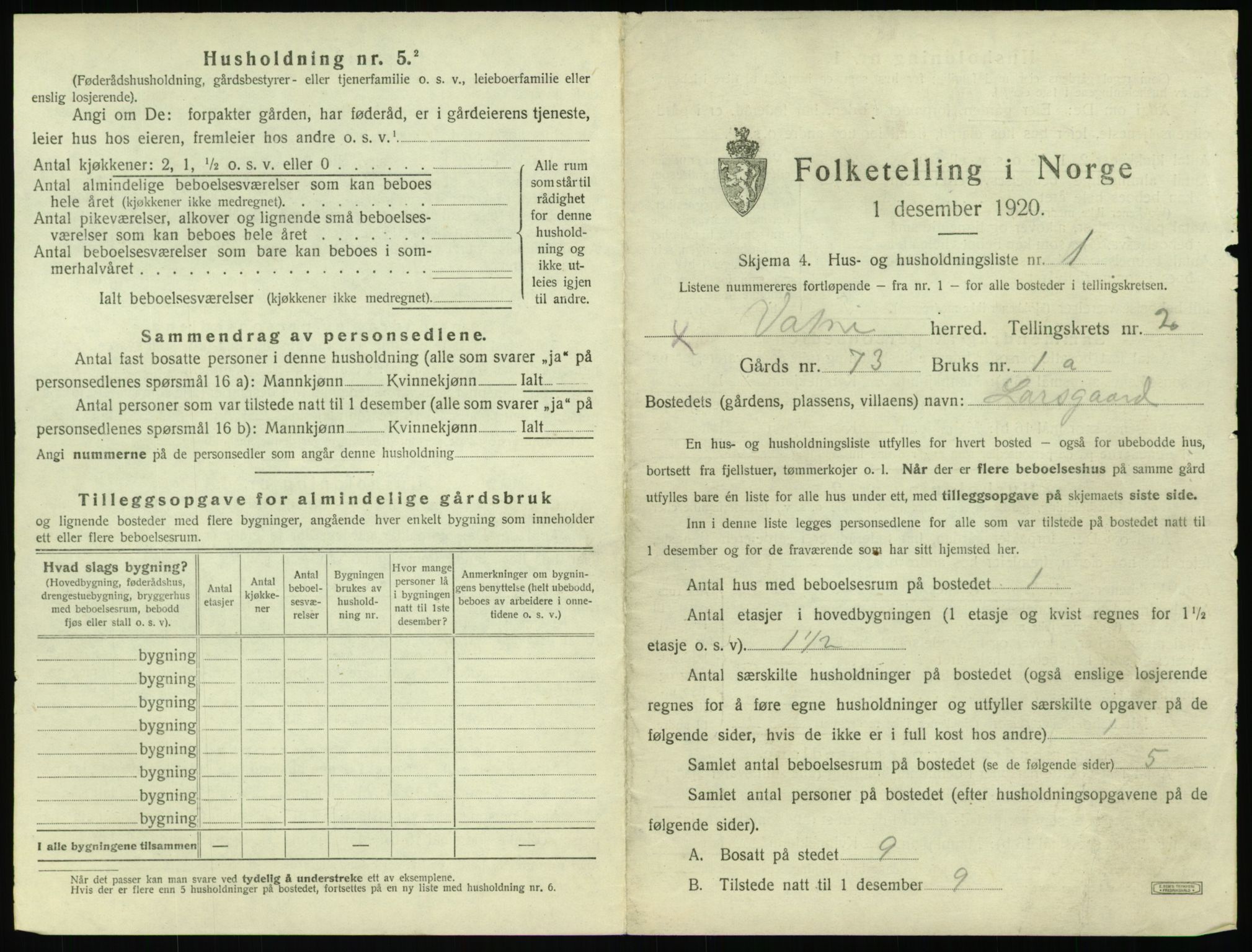 SAT, 1920 census for Vatne, 1920, p. 116