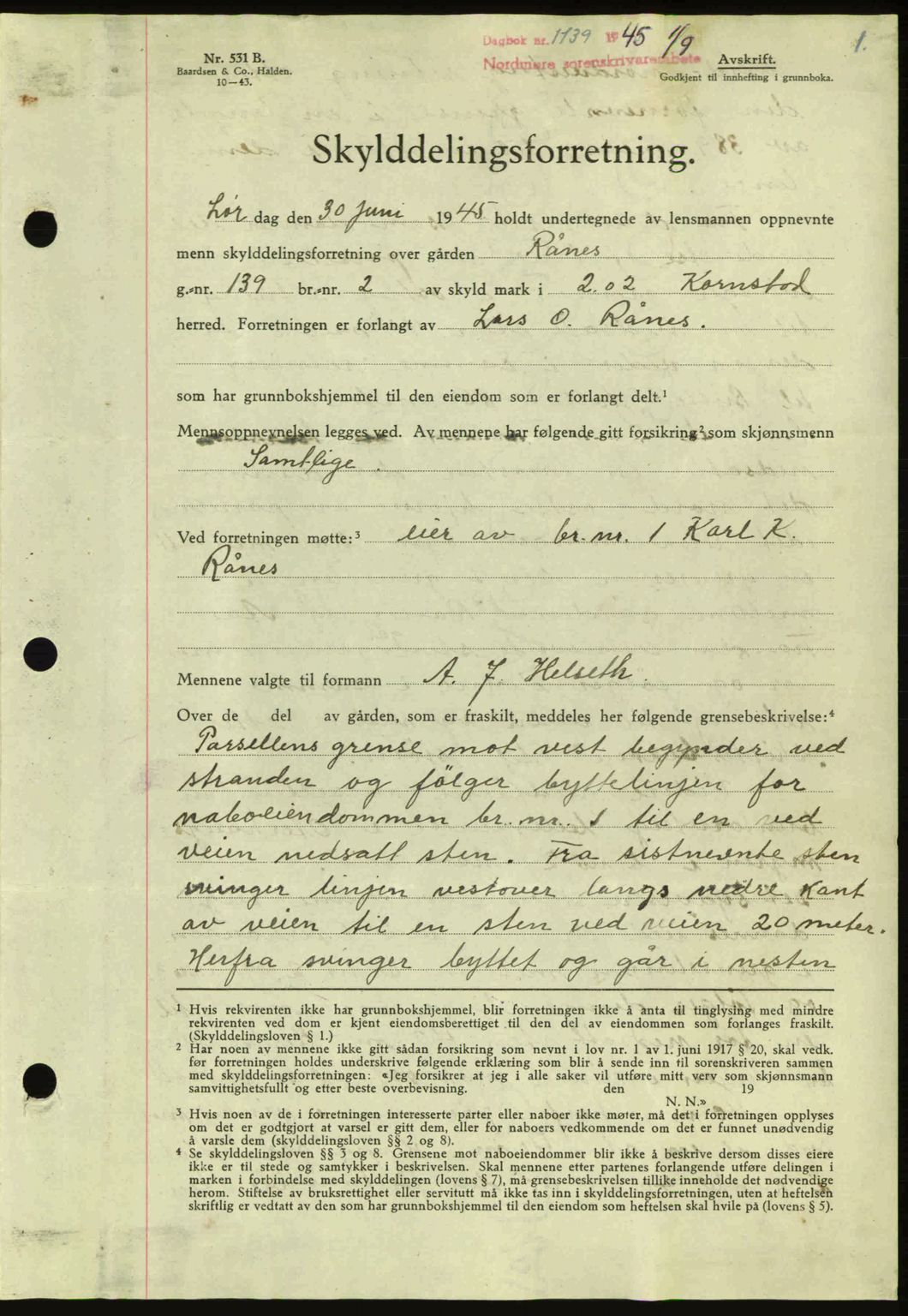 Nordmøre sorenskriveri, AV/SAT-A-4132/1/2/2Ca: Mortgage book no. A100a, 1945-1945, Diary no: : 1139/1945