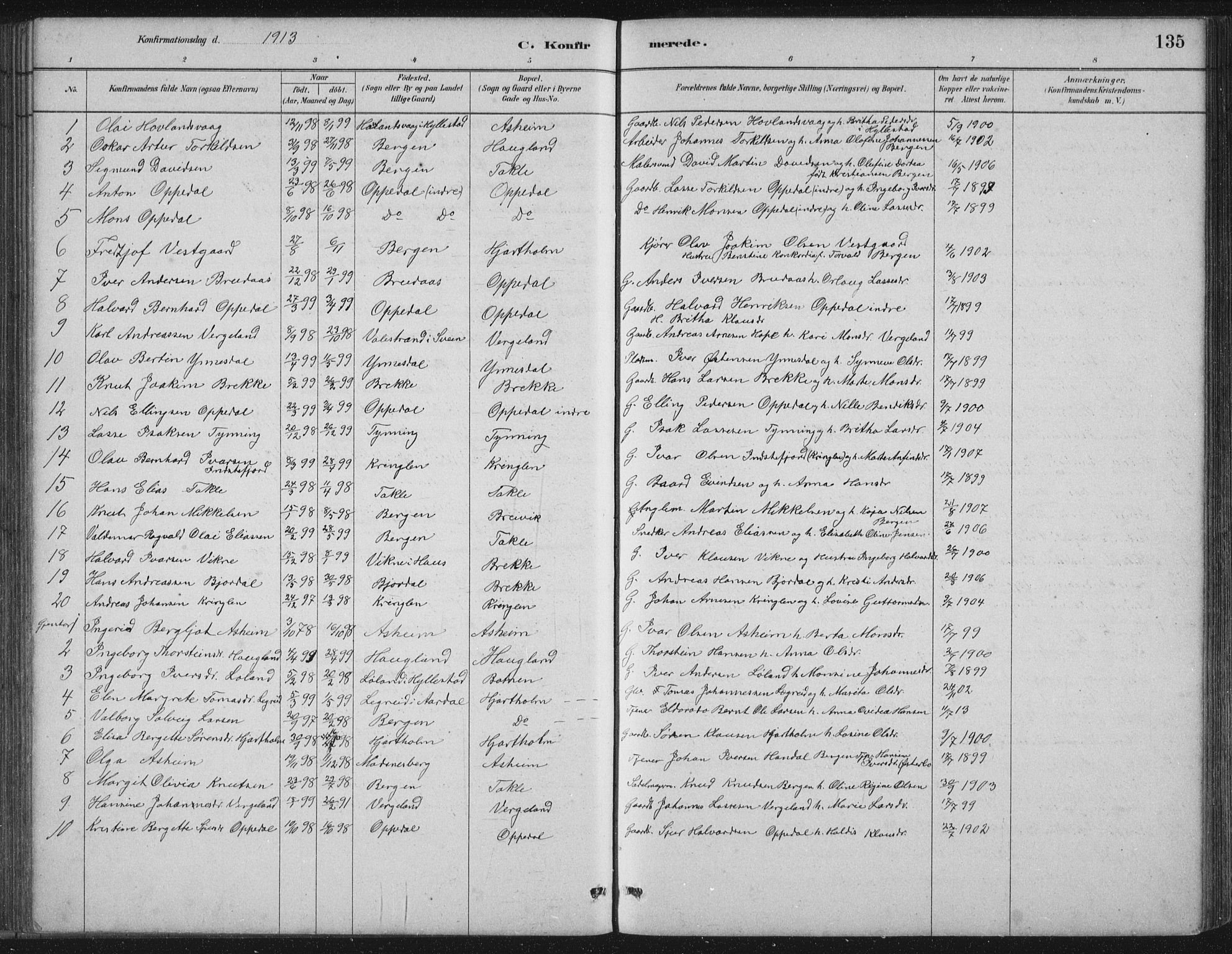 Gulen sokneprestembete, SAB/A-80201/H/Hab/Habc/L0002: Parish register (copy) no. C 2, 1880-1938, p. 135