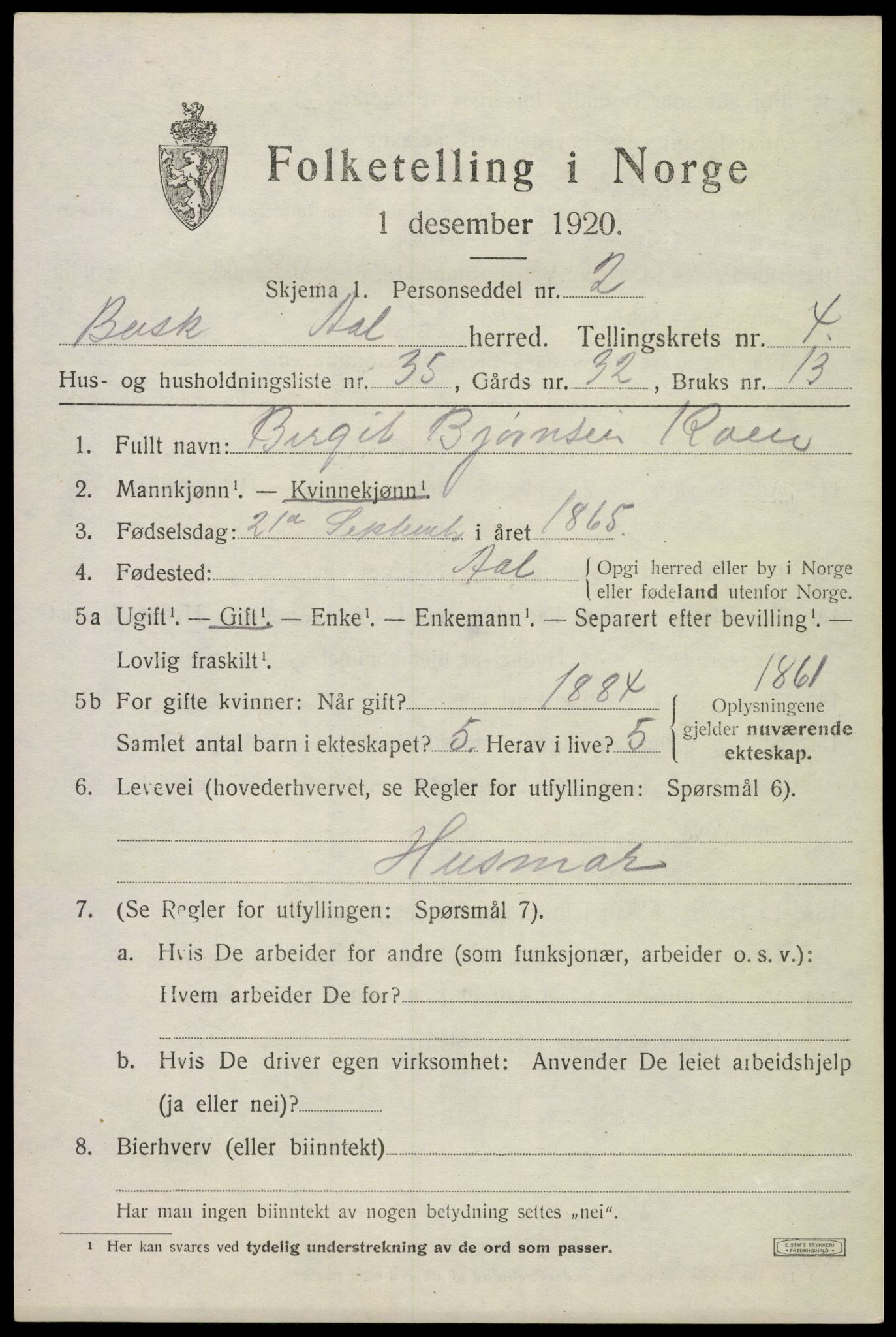 SAKO, 1920 census for Ål, 1920, p. 3394