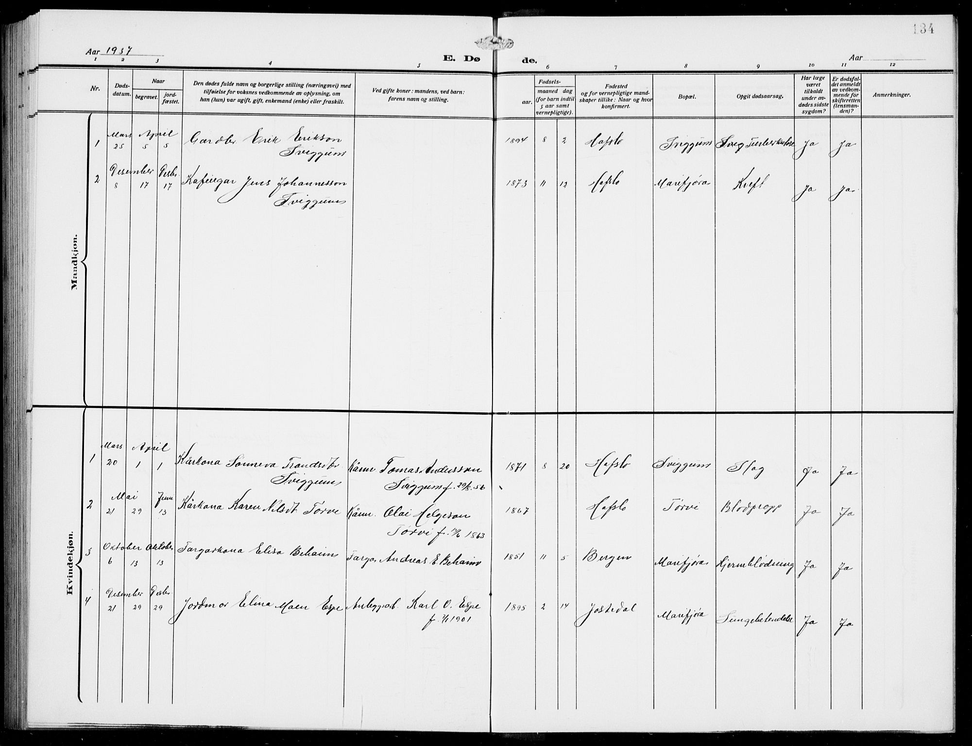 Jostedal sokneprestembete, AV/SAB-A-80601/H/Hab/Habd/L0002: Parish register (copy) no. D 2, 1910-1941, p. 134