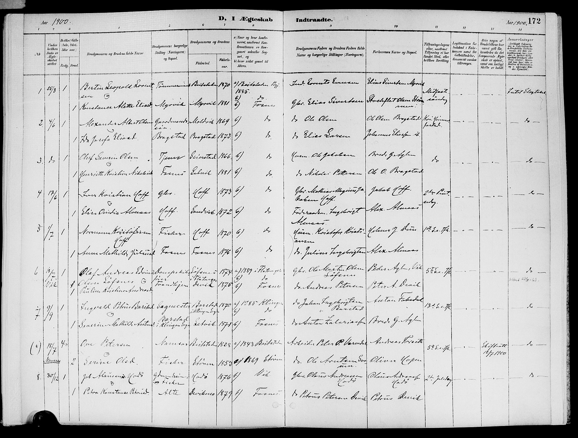 Ministerialprotokoller, klokkerbøker og fødselsregistre - Nord-Trøndelag, SAT/A-1458/773/L0617: Parish register (official) no. 773A08, 1887-1910, p. 172
