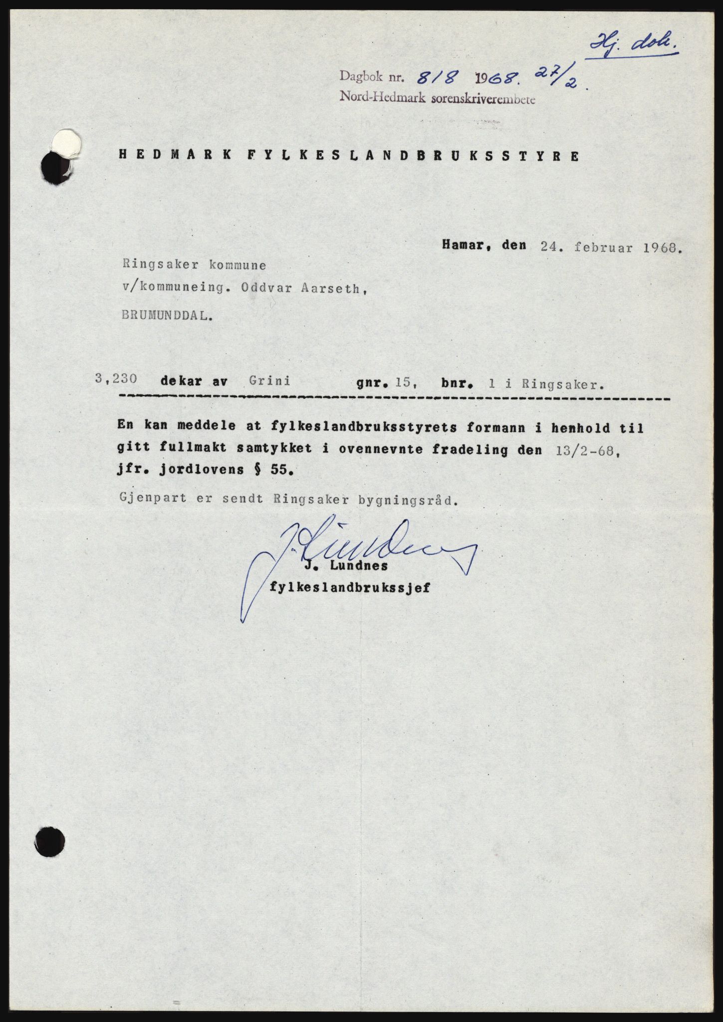 Nord-Hedmark sorenskriveri, SAH/TING-012/H/Hc/L0027: Mortgage book no. 27, 1967-1968, Diary no: : 818/1968