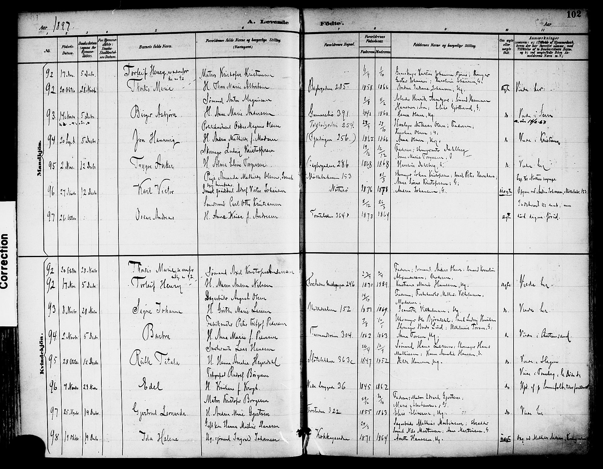 Tønsberg kirkebøker, AV/SAKO-A-330/F/Fa/L0012: Parish register (official) no. I 12, 1891-1899, p. 102