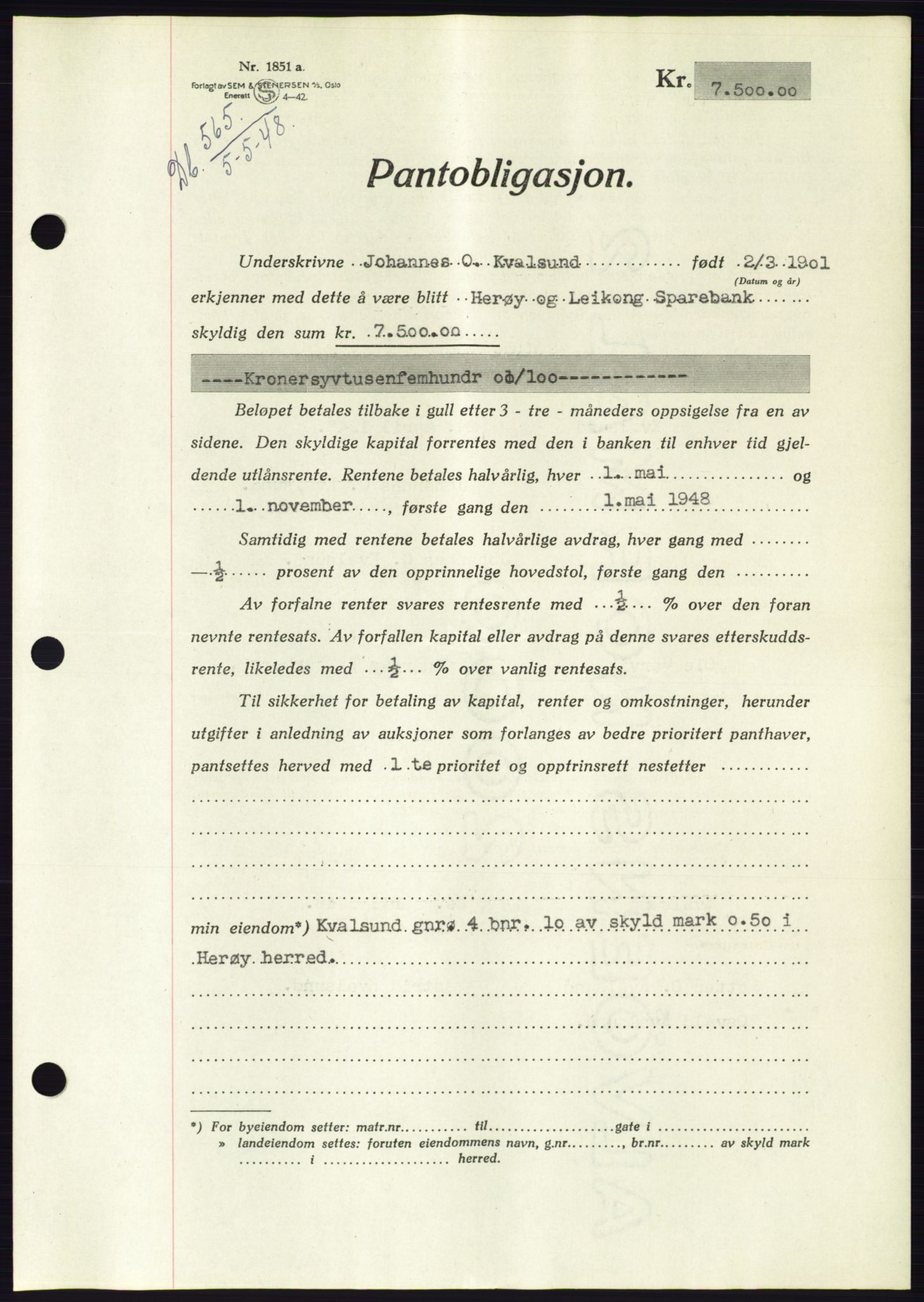 Søre Sunnmøre sorenskriveri, AV/SAT-A-4122/1/2/2C/L0115: Mortgage book no. 3B, 1947-1948, Diary no: : 565/1948