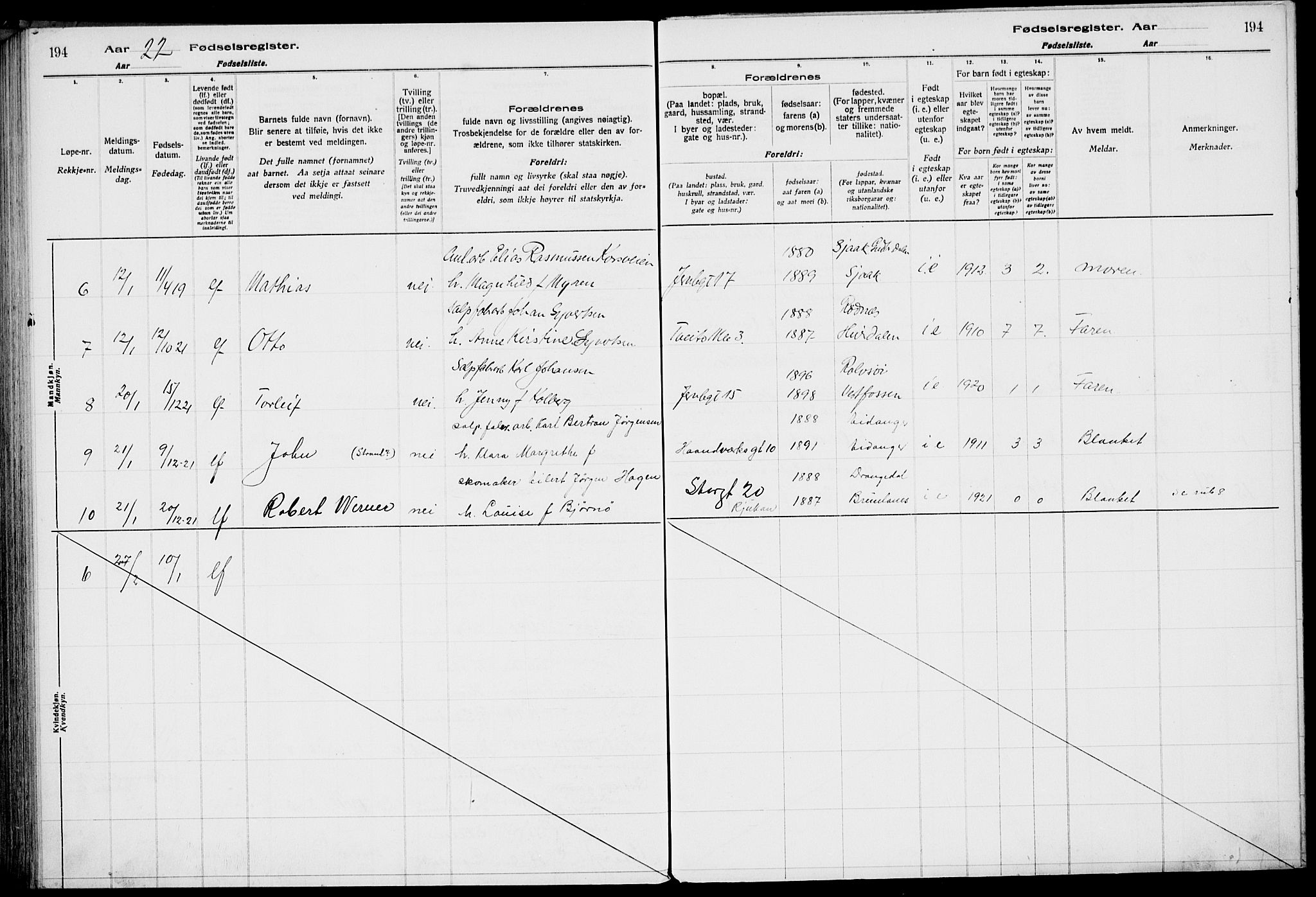 Rjukan kirkebøker, SAKO/A-294/J/Ja/L0001: Birth register no. 1, 1916-1922, p. 194