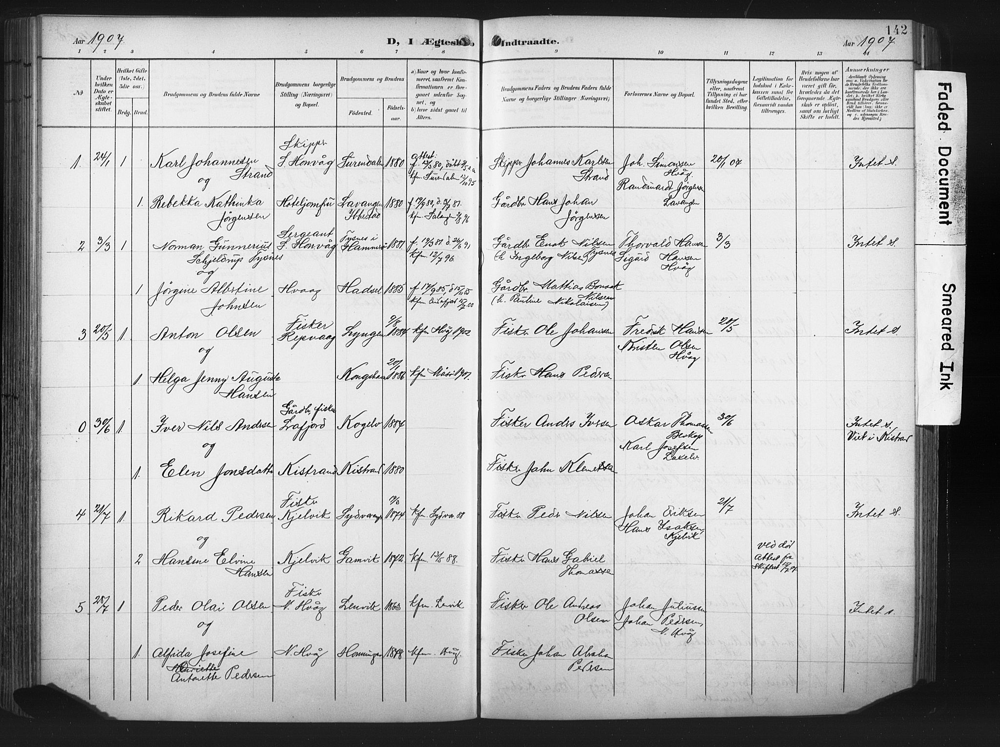 Måsøy sokneprestkontor, SATØ/S-1348/H/Ha/L0008kirke: Parish register (official) no. 8, 1900-1910, p. 142