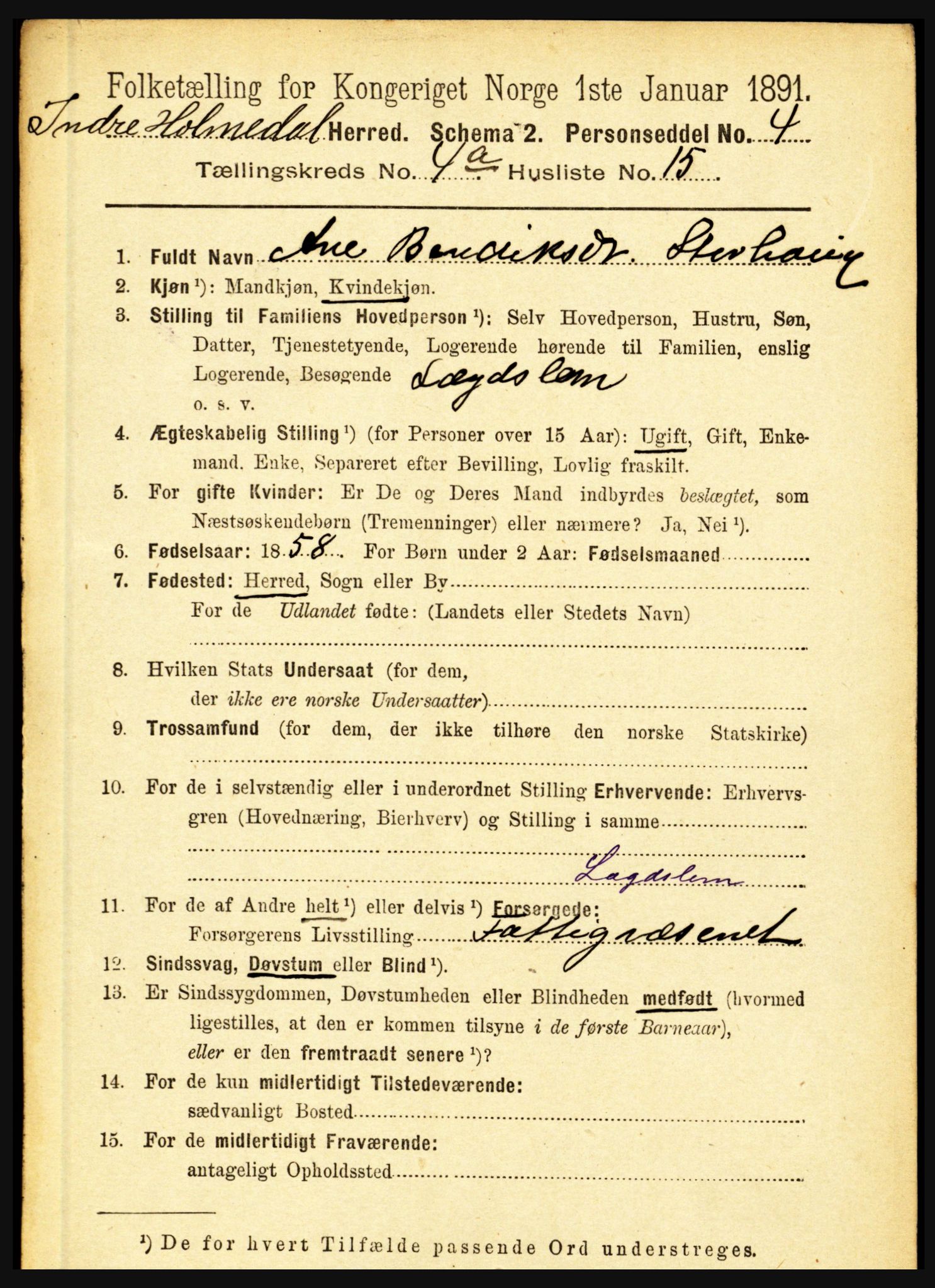 RA, 1891 census for 1430 Indre Holmedal, 1891, p. 1421