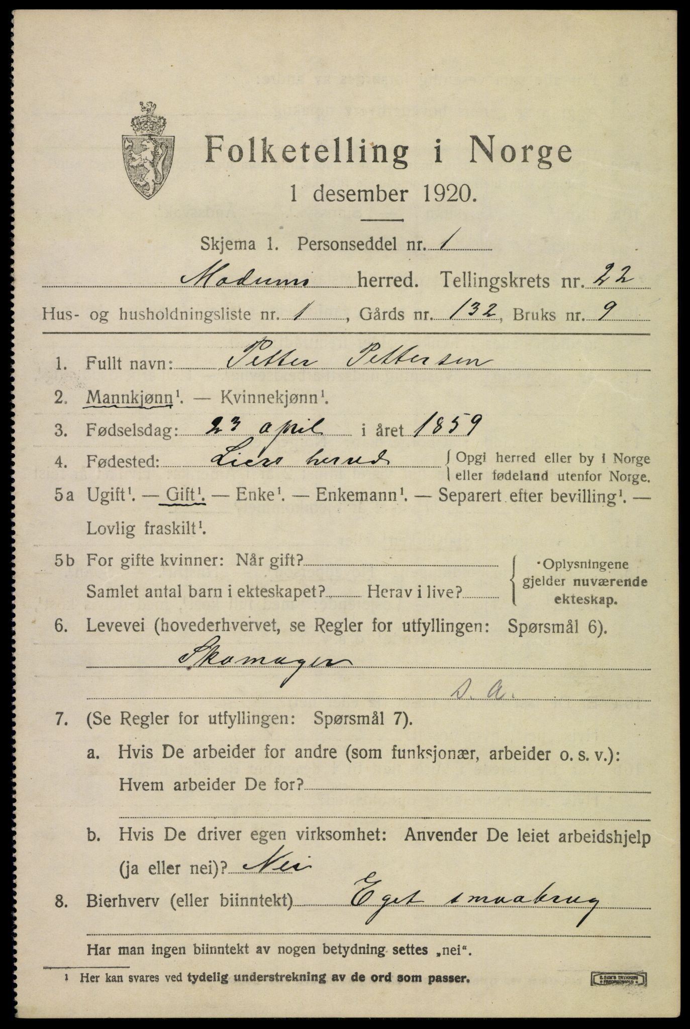 SAKO, 1920 census for Modum, 1920, p. 22969