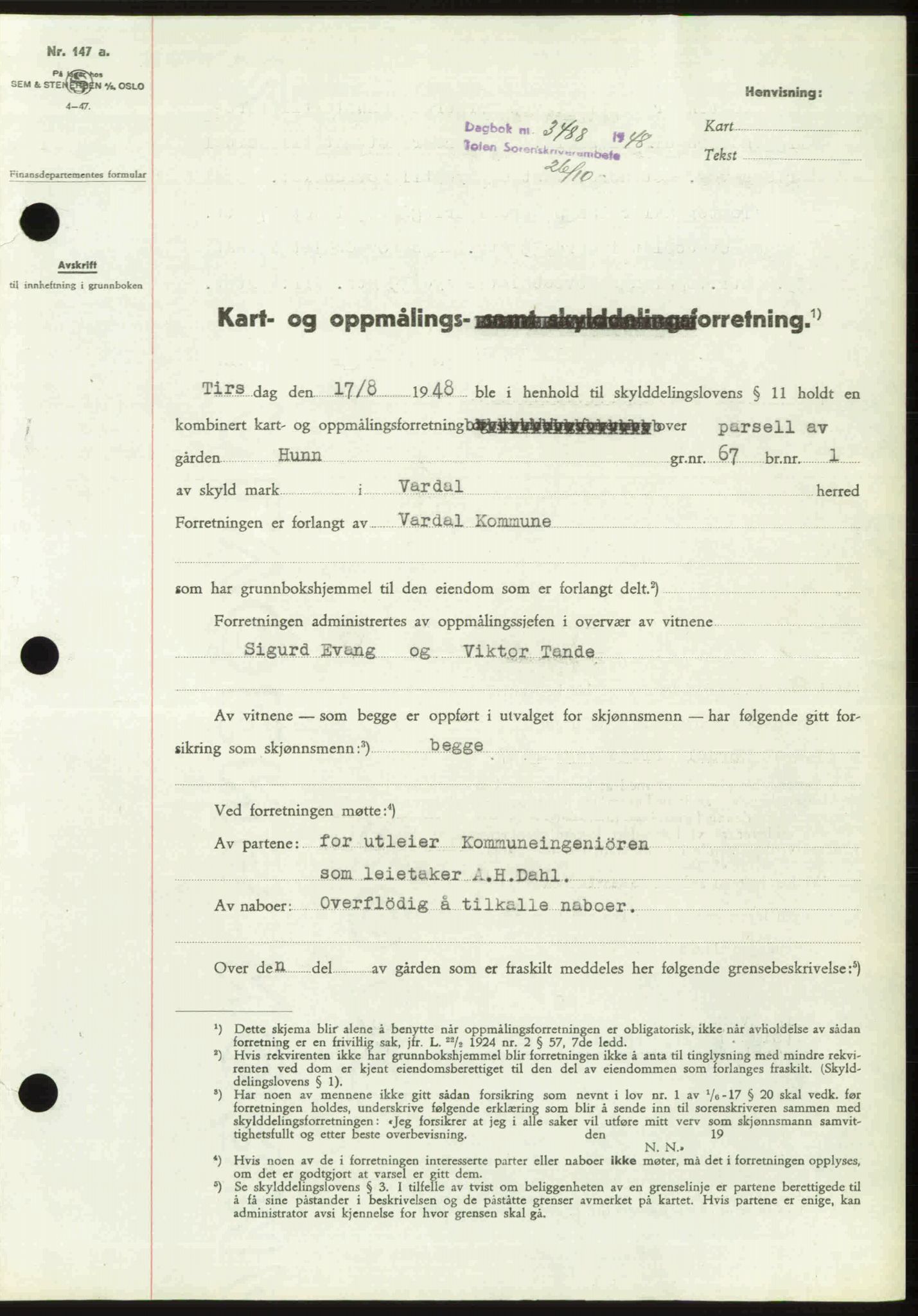 Toten tingrett, SAH/TING-006/H/Hb/Hbc/L0020: Mortgage book no. Hbc-20, 1948-1948, Diary no: : 3488/1948