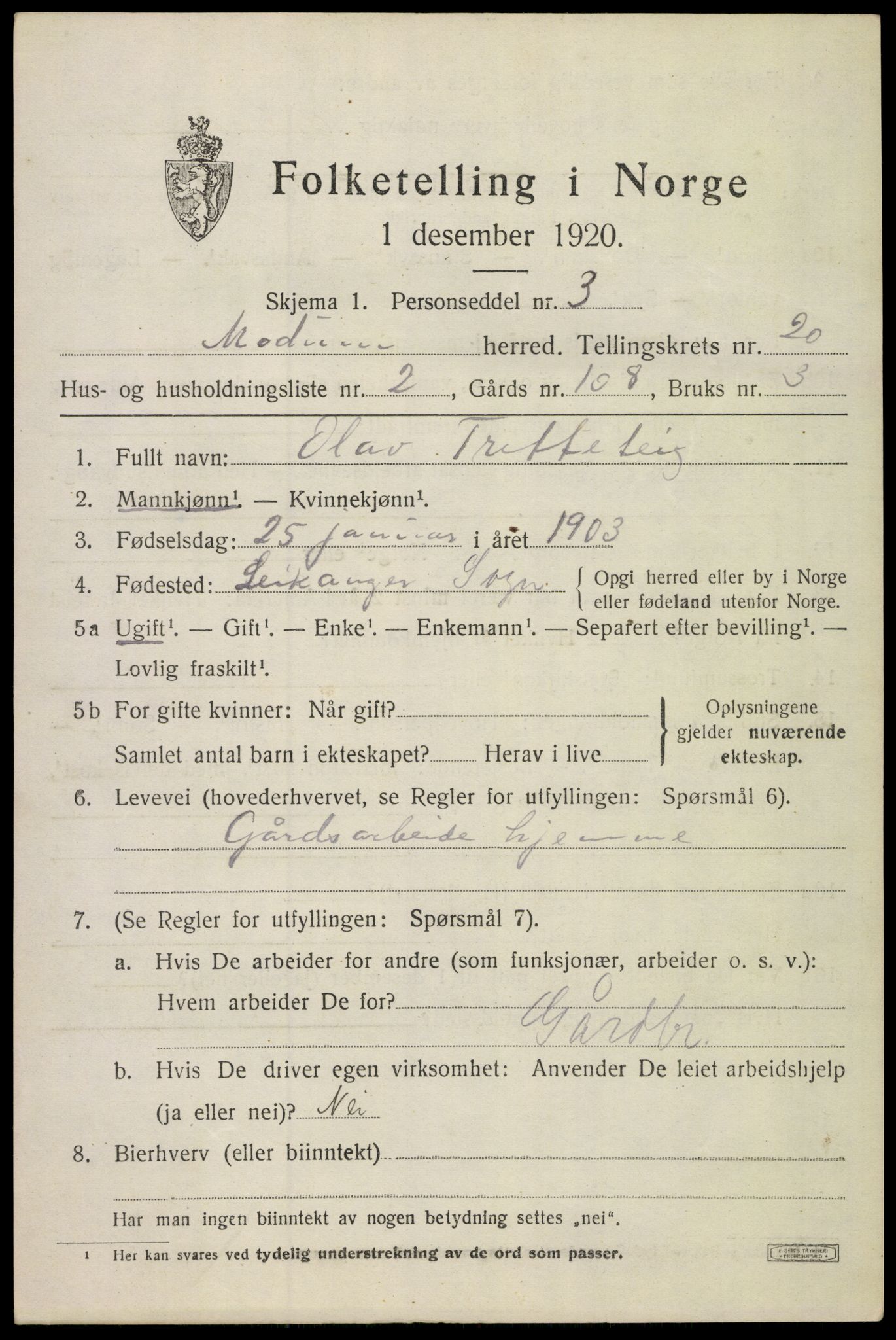 SAKO, 1920 census for Modum, 1920, p. 22111