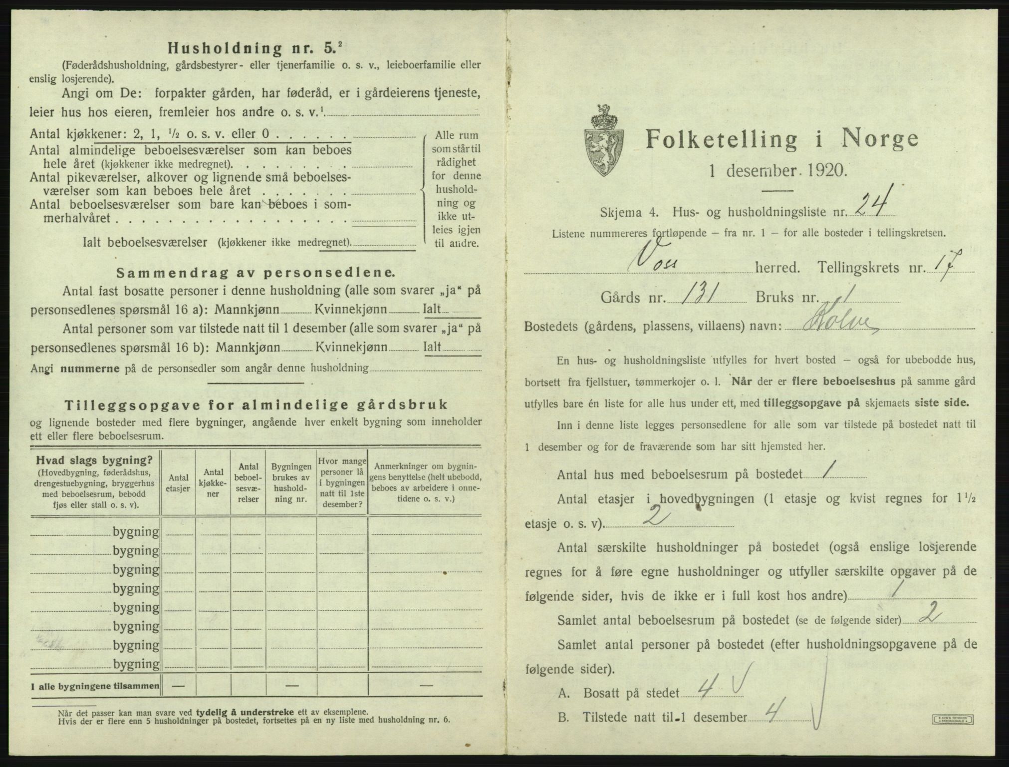 SAB, 1920 census for Voss, 1920, p. 1663