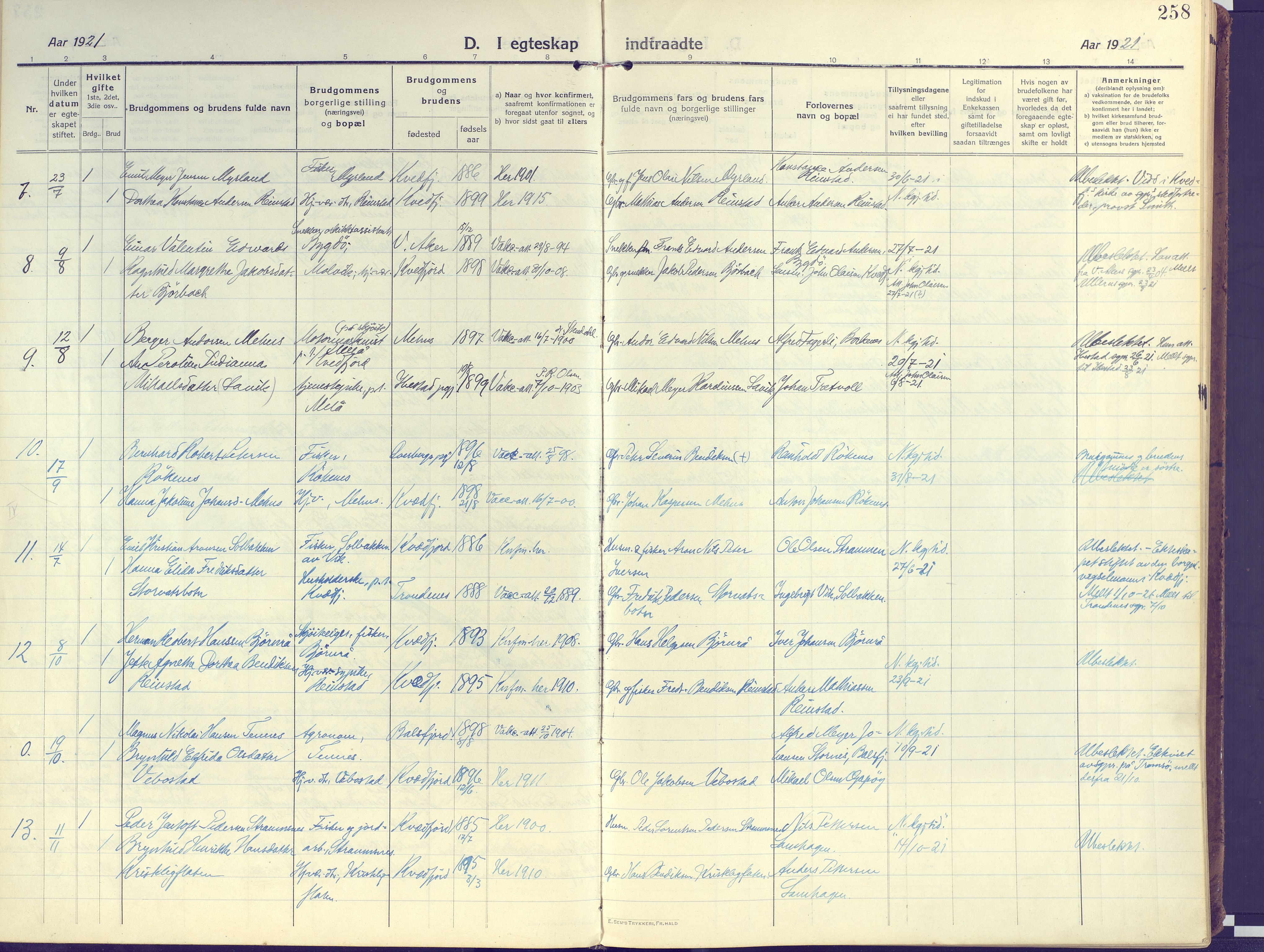 Kvæfjord sokneprestkontor, SATØ/S-1323/G/Ga/Gaa/L0007kirke: Parish register (official) no. 7, 1915-1931, p. 258