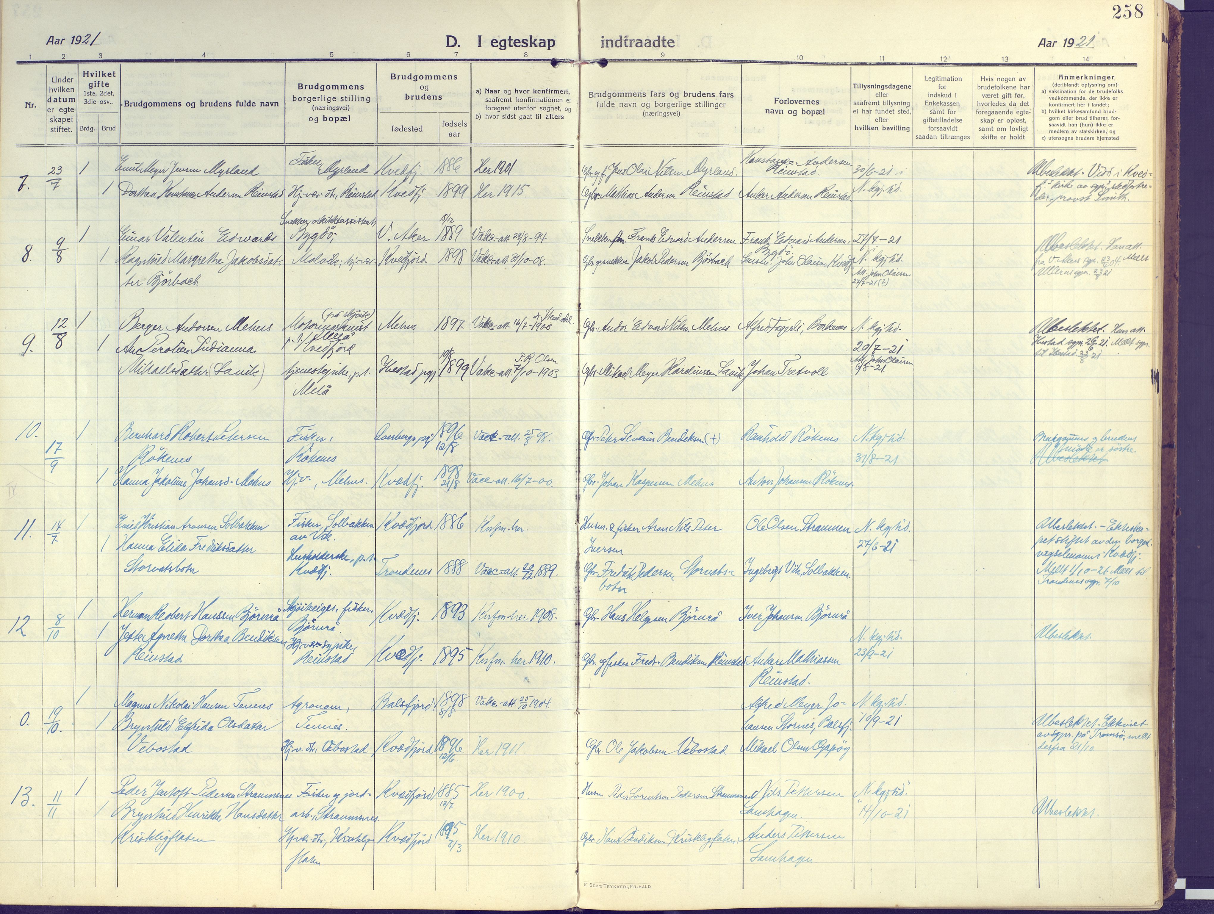 Kvæfjord sokneprestkontor, AV/SATØ-S-1323/G/Ga/Gaa/L0007kirke: Parish register (official) no. 7, 1915-1931, p. 258