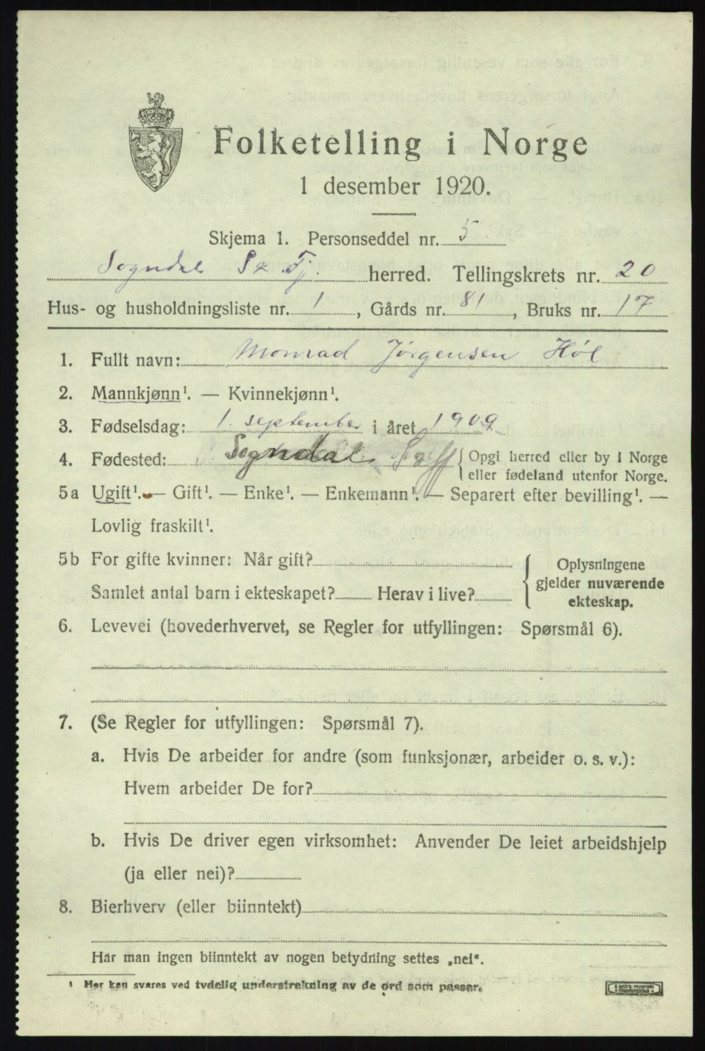 SAB, 1920 census for Sogndal, 1920, p. 7513