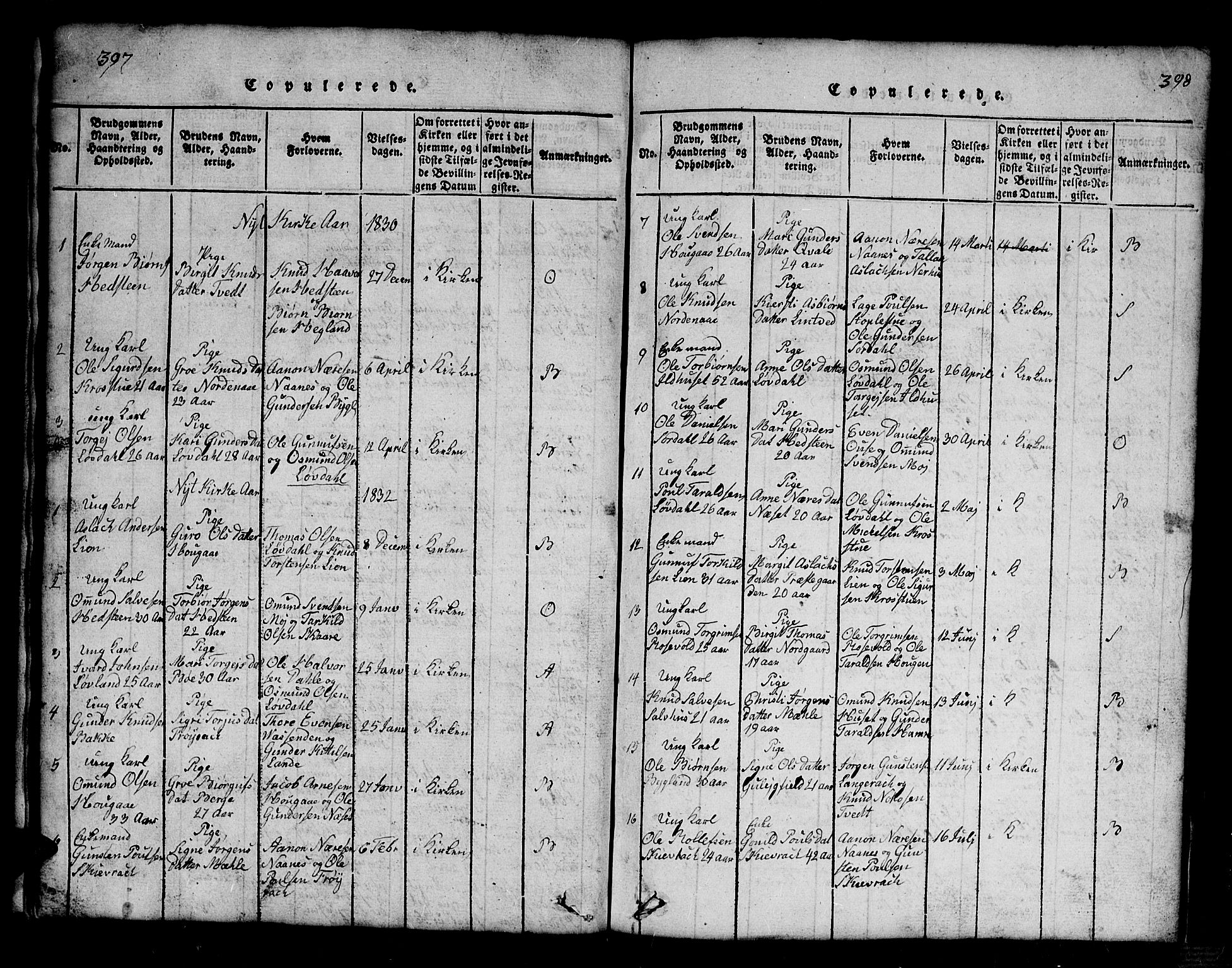 Bygland sokneprestkontor, SAK/1111-0006/F/Fb/Fbb/L0001: Parish register (copy) no. B 1, 1816-1843, p. 398-399