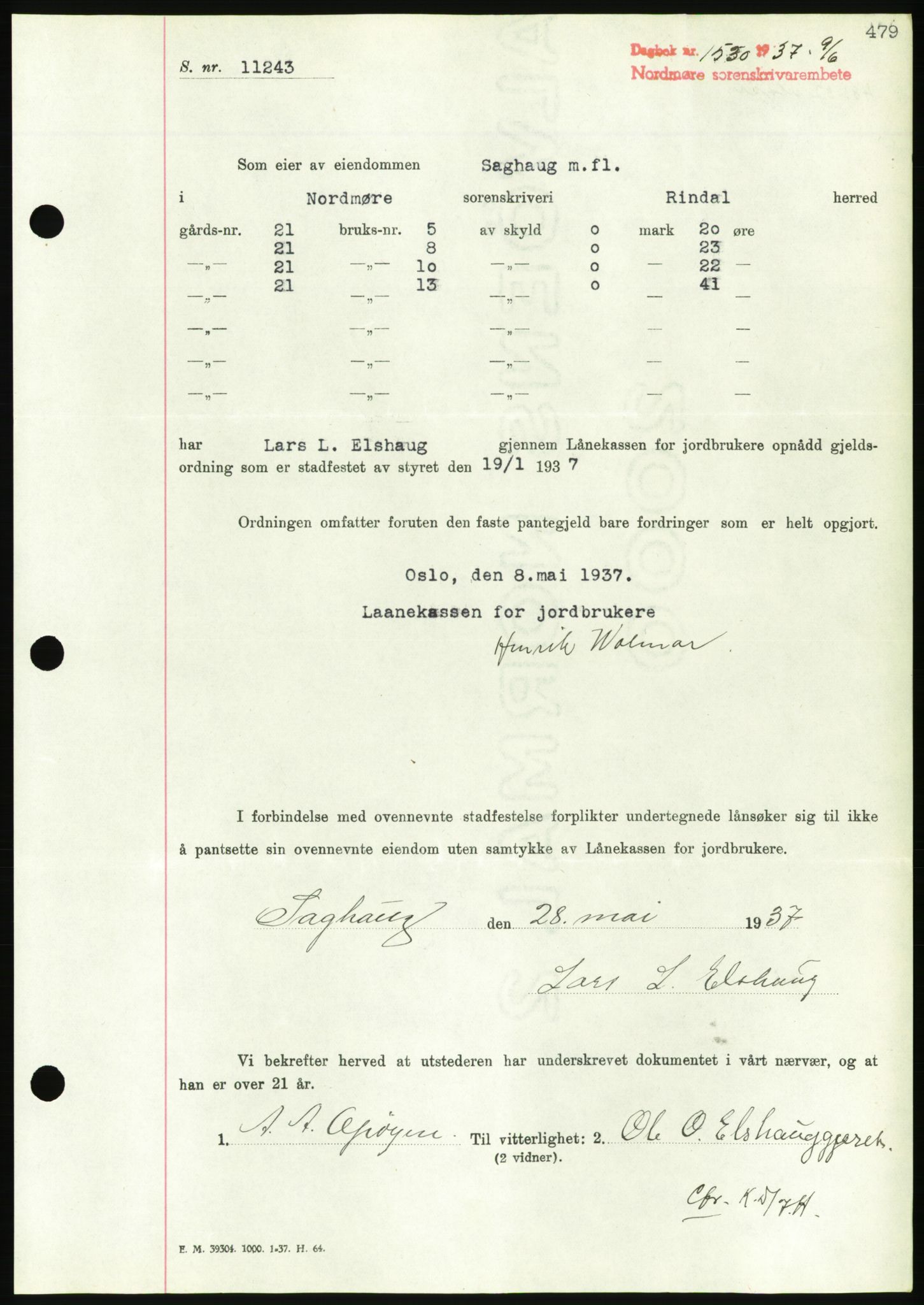 Nordmøre sorenskriveri, AV/SAT-A-4132/1/2/2Ca/L0091: Mortgage book no. B81, 1937-1937, Diary no: : 1530/1937