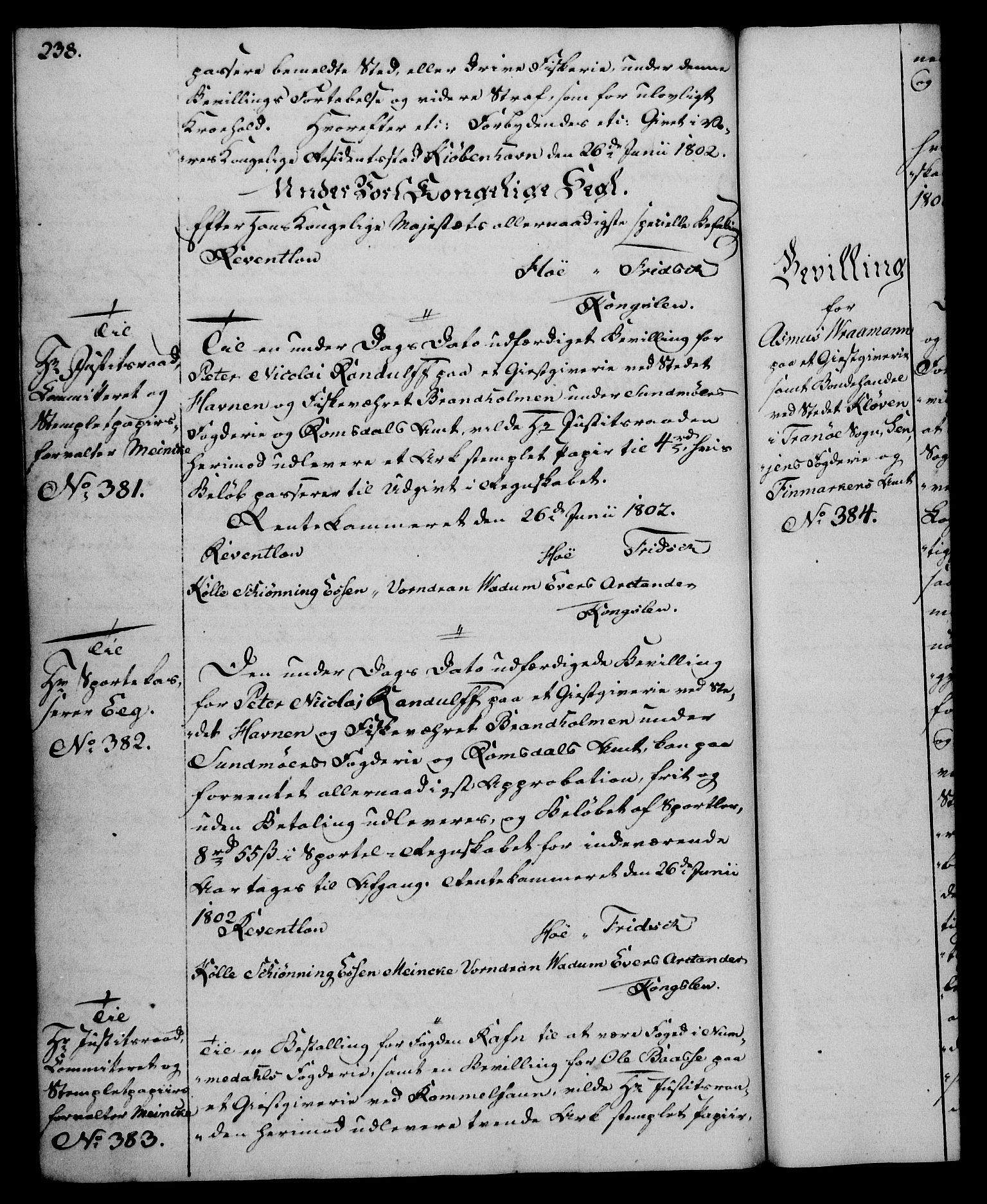 Rentekammeret, Kammerkanselliet, RA/EA-3111/G/Gg/Gga/L0017: Norsk ekspedisjonsprotokoll med register (merket RK 53.17), 1801-1803, p. 238