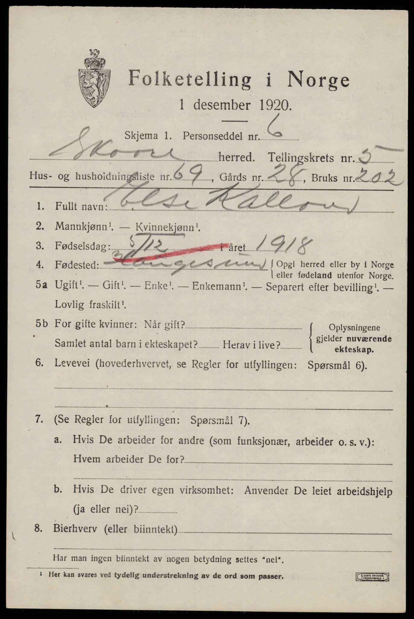 SAST, 1920 census for Skåre, 1920, p. 3724