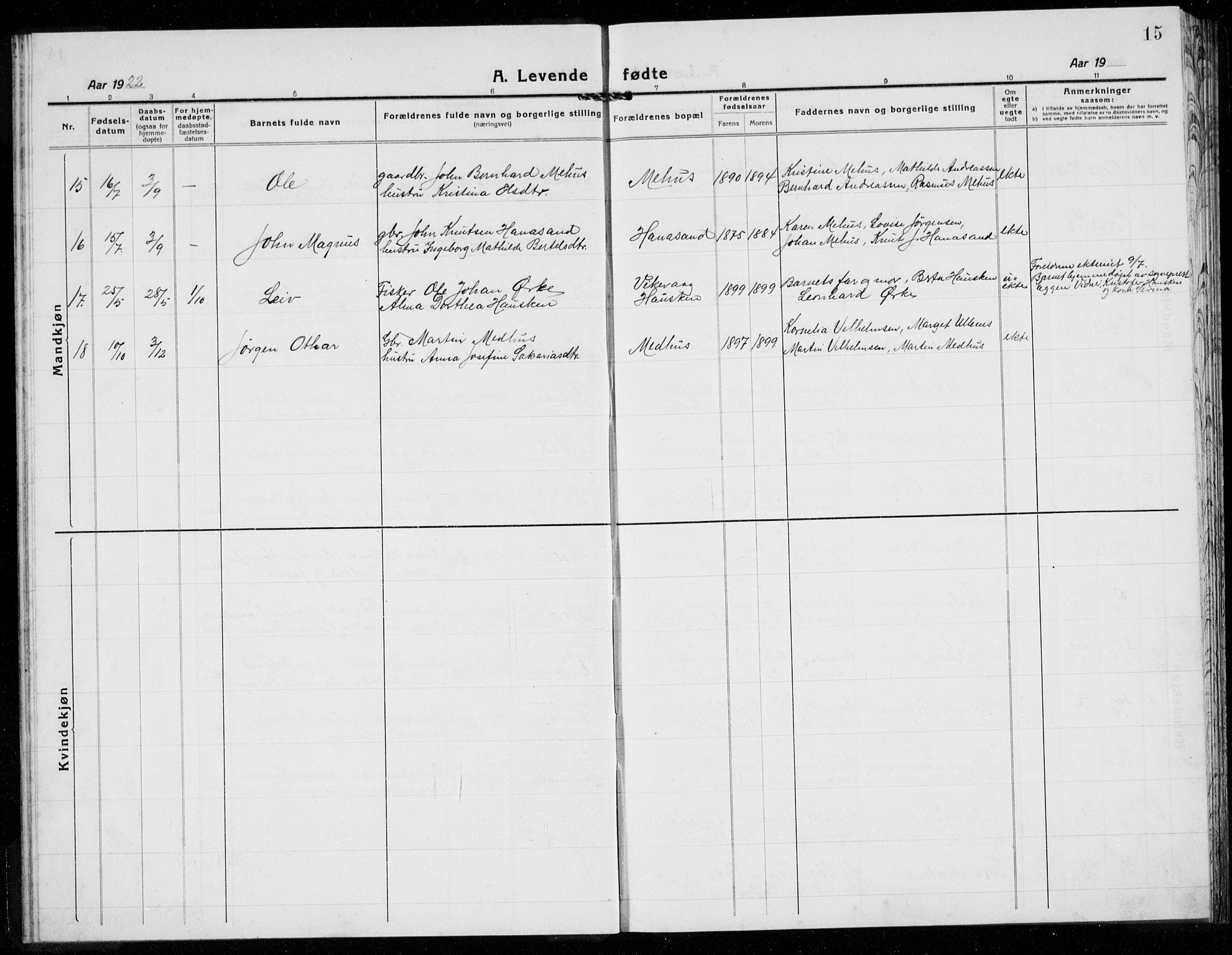 Rennesøy sokneprestkontor, AV/SAST-A -101827/H/Ha/Hab/L0014: Parish register (copy) no. B 13, 1918-1937, p. 15