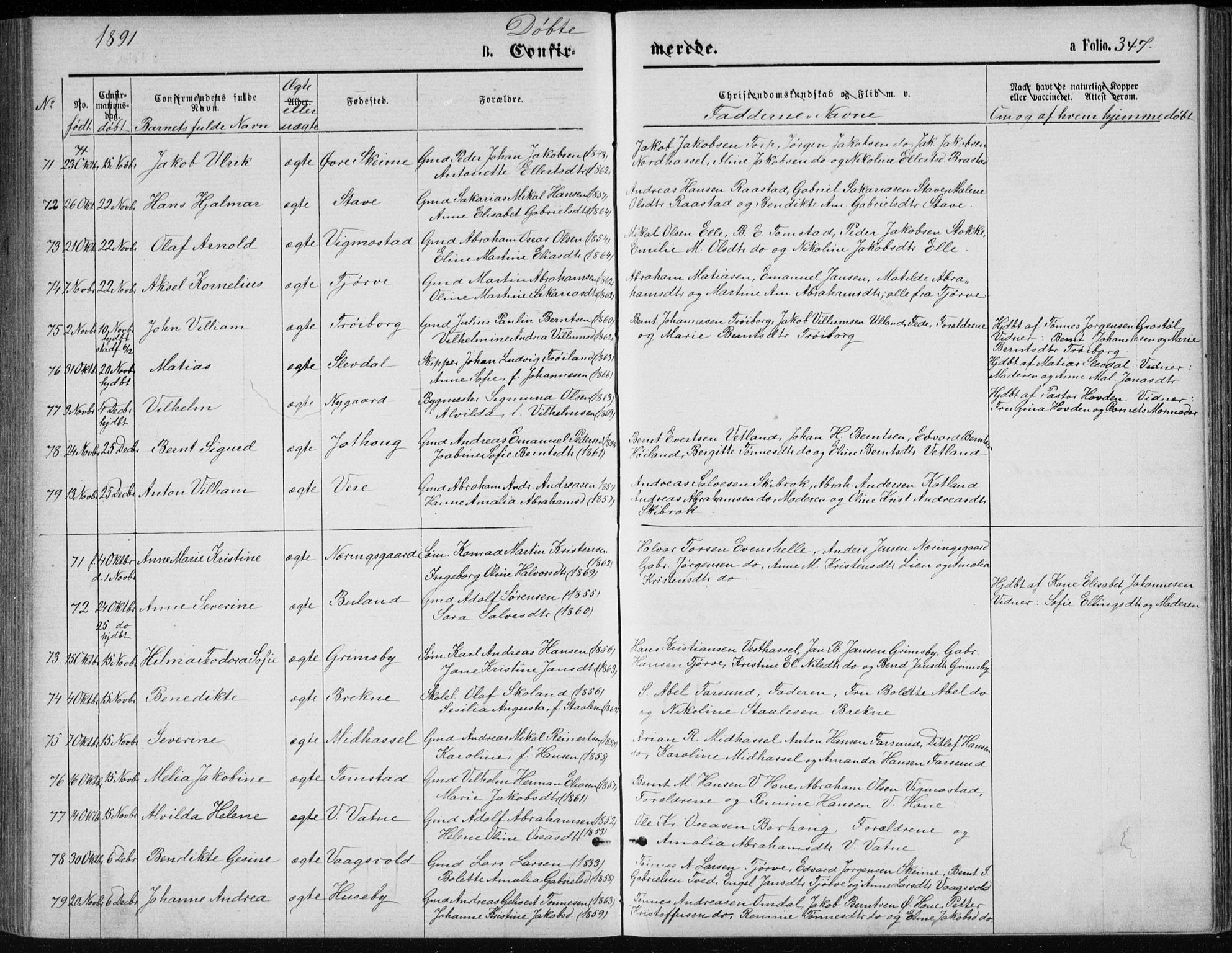 Lista sokneprestkontor, AV/SAK-1111-0027/F/Fb/L0004: Parish register (copy) no. B 4, 1877-1891, p. 347