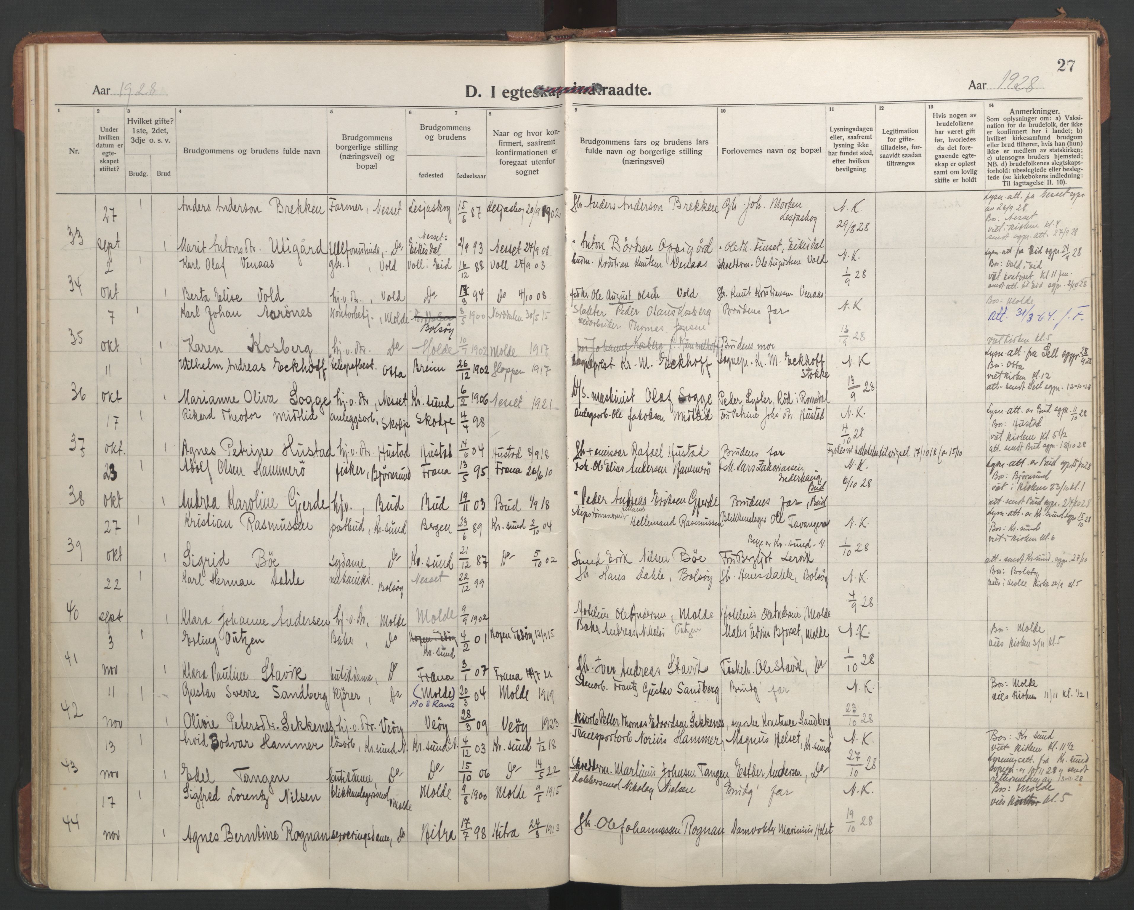 Ministerialprotokoller, klokkerbøker og fødselsregistre - Møre og Romsdal, AV/SAT-A-1454/558/L0698: Parish register (official) no. 558A12, 1922-1937, p. 27