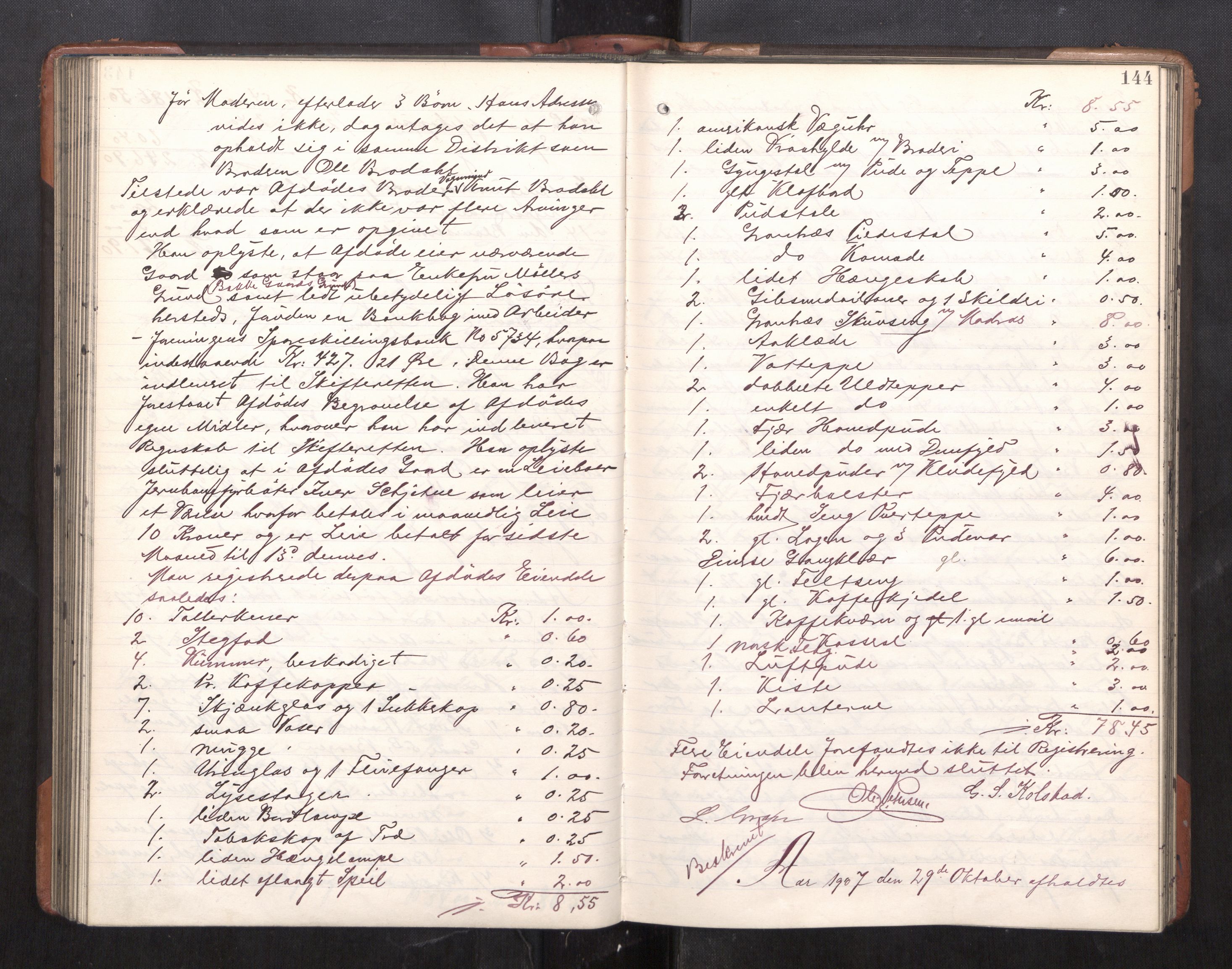 Trondheim byfogd, AV/SAT-A-0003/1/3/3C/L0025: Skifteregistreringsprotokoll - 24/1-14/7. (u/ register), 1906-1909, p. 144