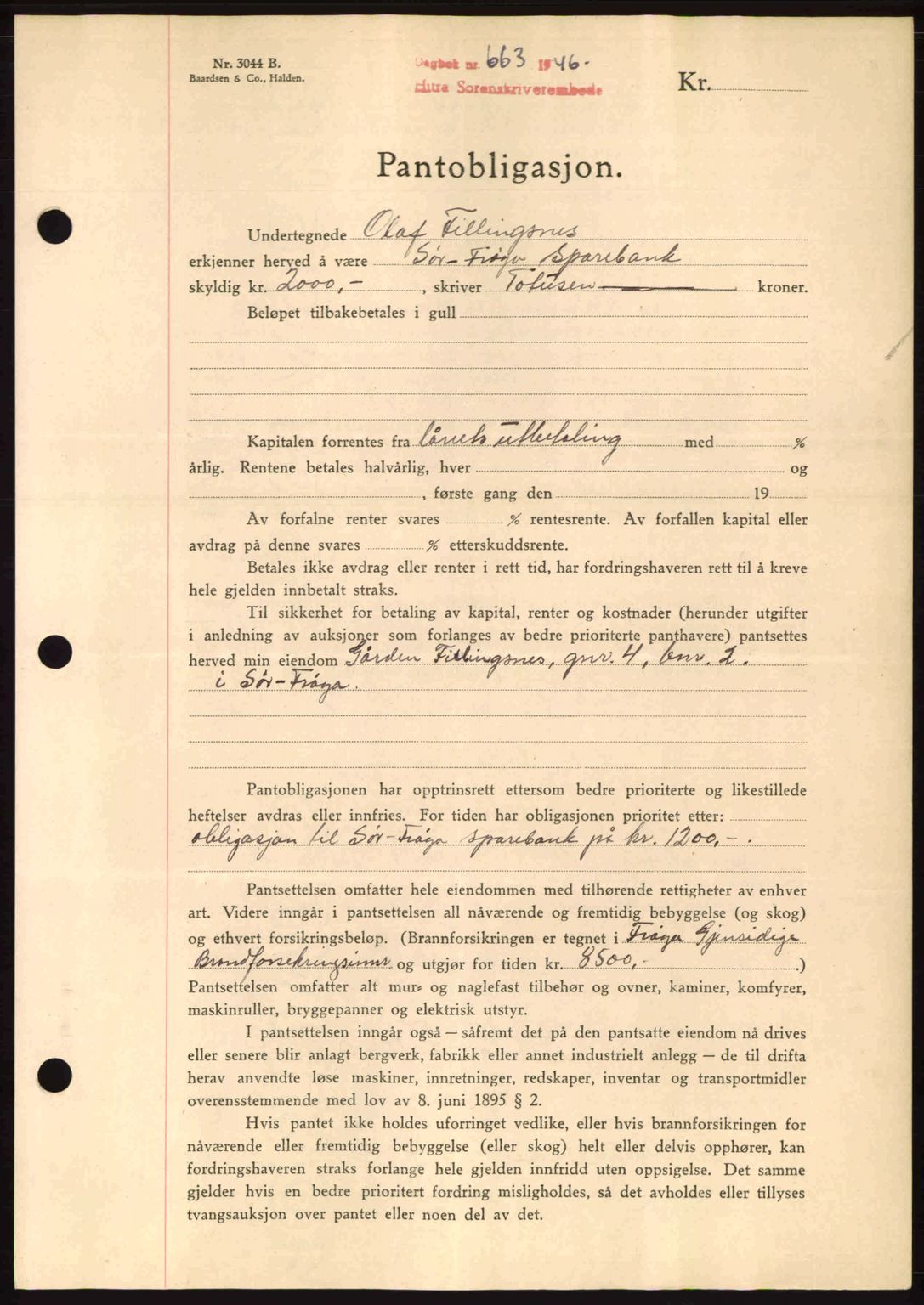 Hitra sorenskriveri, AV/SAT-A-0018/2/2C/2Ca: Mortgage book no. B1, 1939-1949, Diary no: : 663/1946