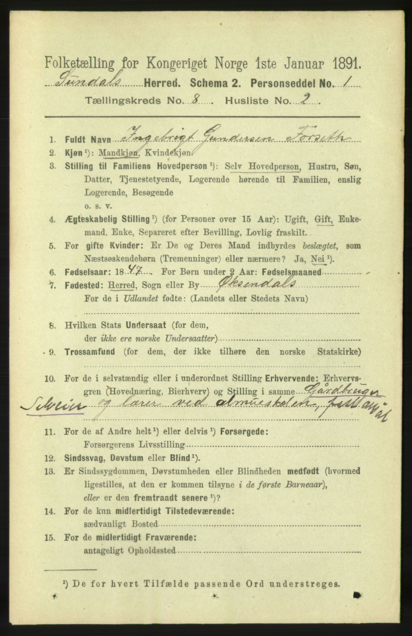 RA, 1891 census for 1563 Sunndal, 1891, p. 2153