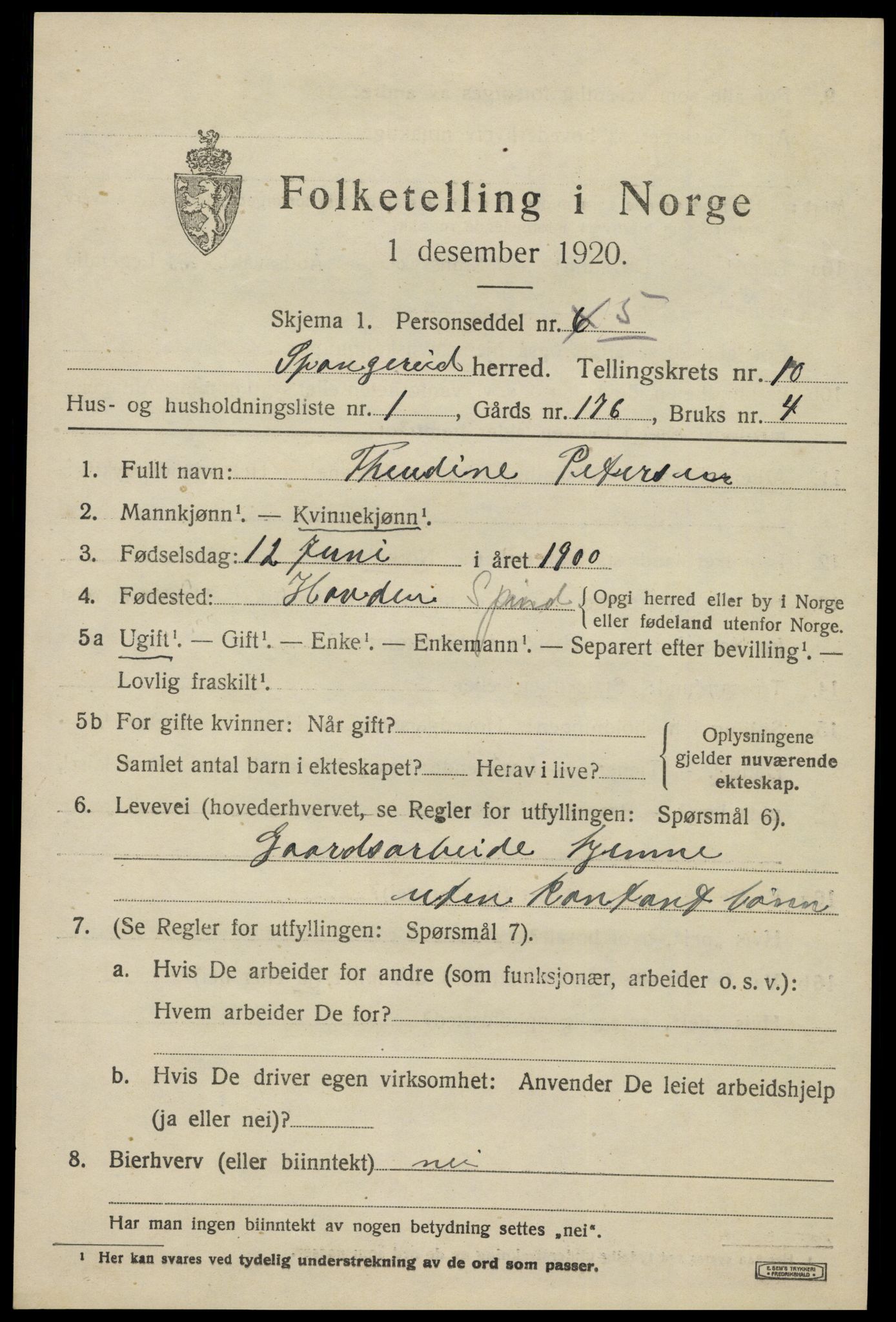 SAK, 1920 census for Spangereid, 1920, p. 3499