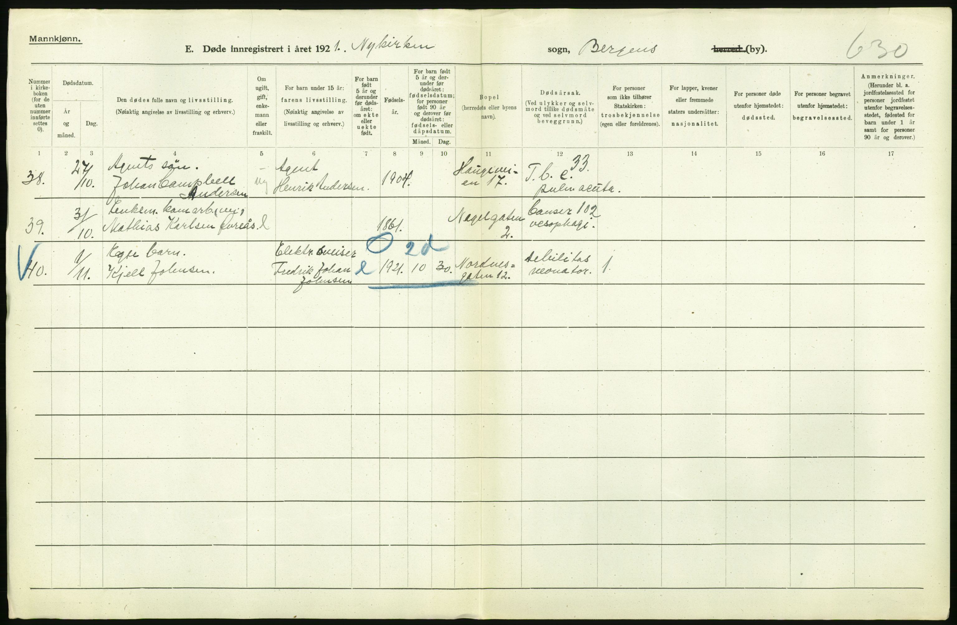 Statistisk sentralbyrå, Sosiodemografiske emner, Befolkning, AV/RA-S-2228/D/Df/Dfc/Dfca/L0036: Bergen: Døde., 1921, p. 78