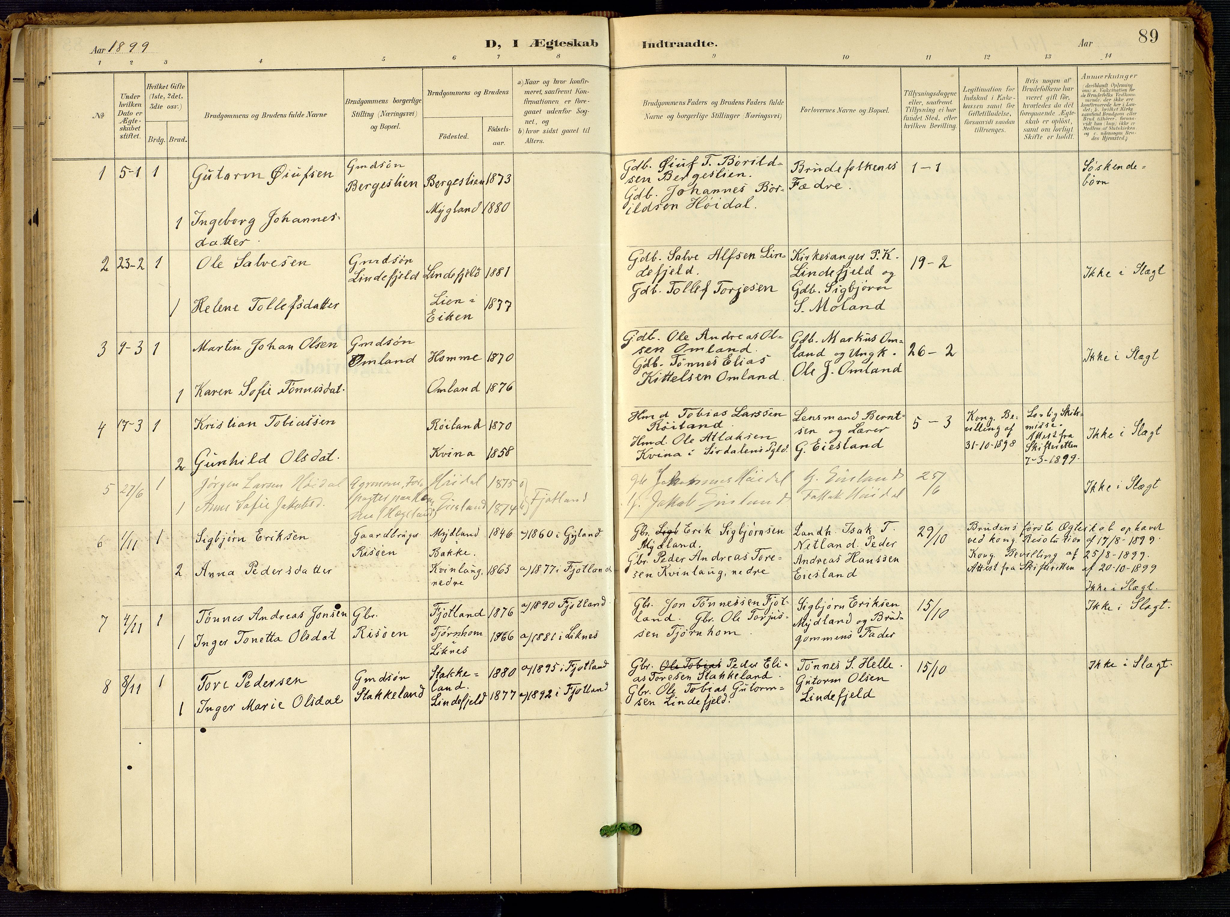 Fjotland sokneprestkontor, SAK/1111-0010/F/Fa/L0003: Parish register (official) no. A 3, 1899-1917, p. 89