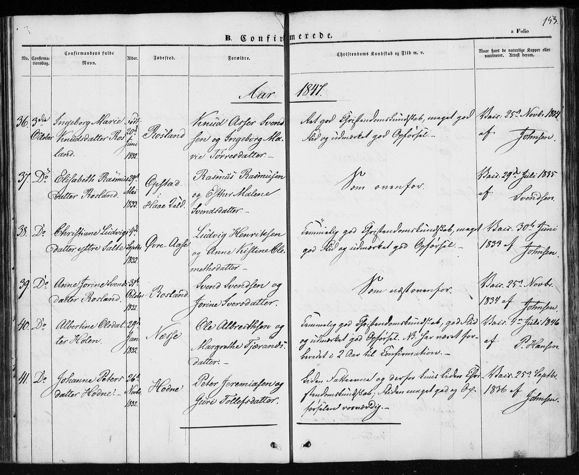 Klepp sokneprestkontor, AV/SAST-A-101803/001/3/30BA/L0004: Parish register (official) no. A 4, 1842-1852, p. 153