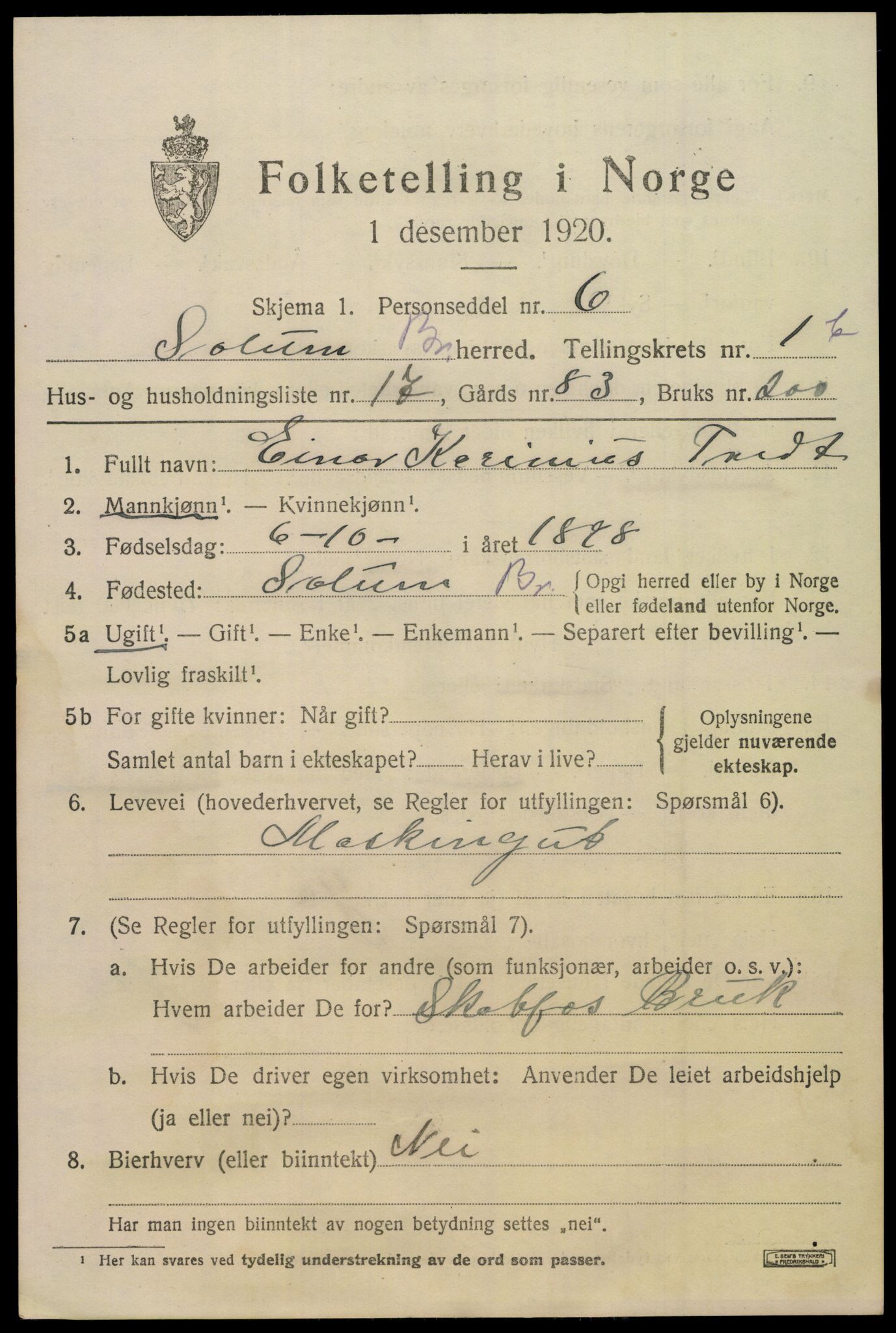 SAKO, 1920 census for Solum, 1920, p. 4410