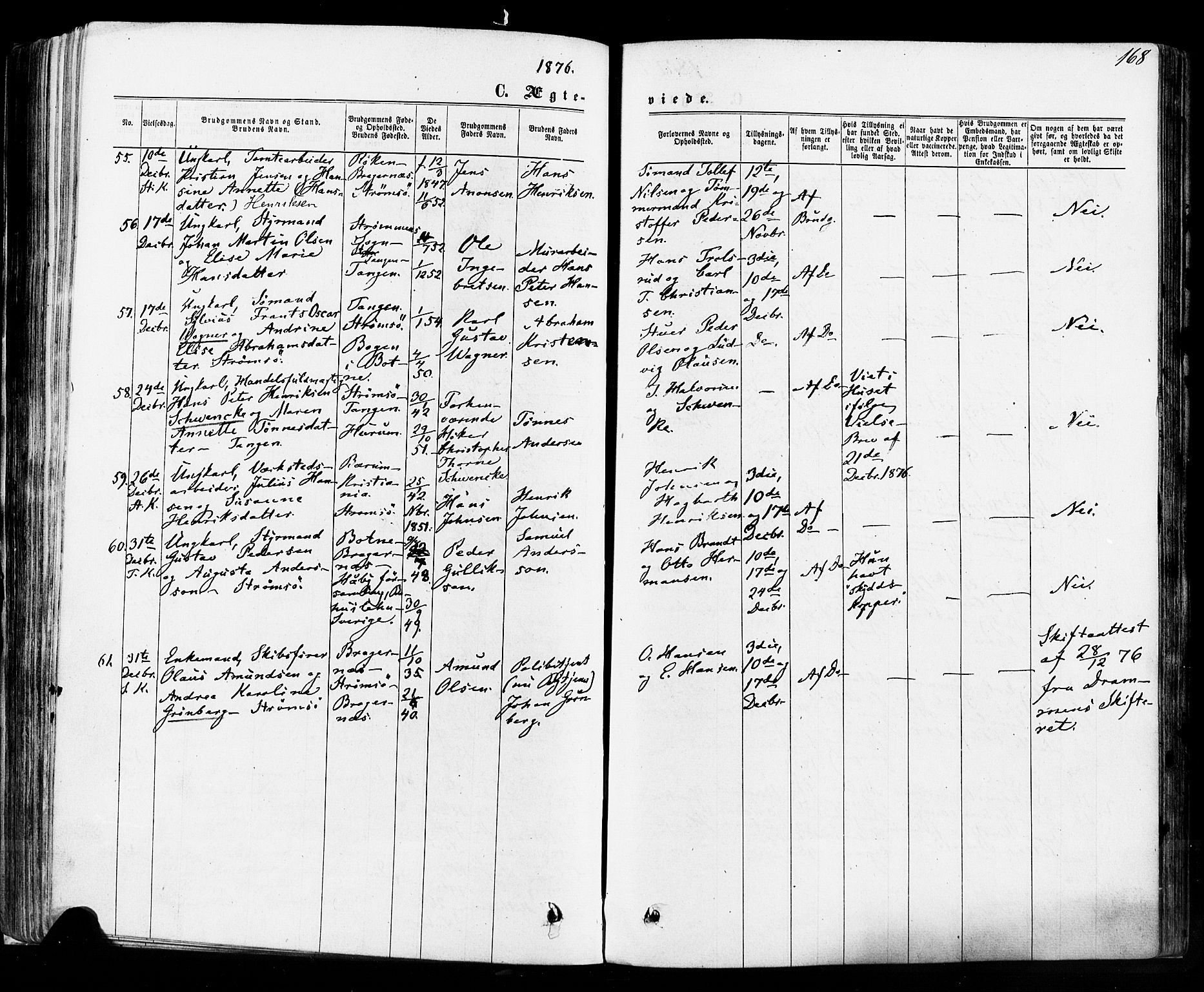 Strømsø kirkebøker, AV/SAKO-A-246/F/Fa/L0018: Parish register (official) no. I 18, 1865-1878, p. 168