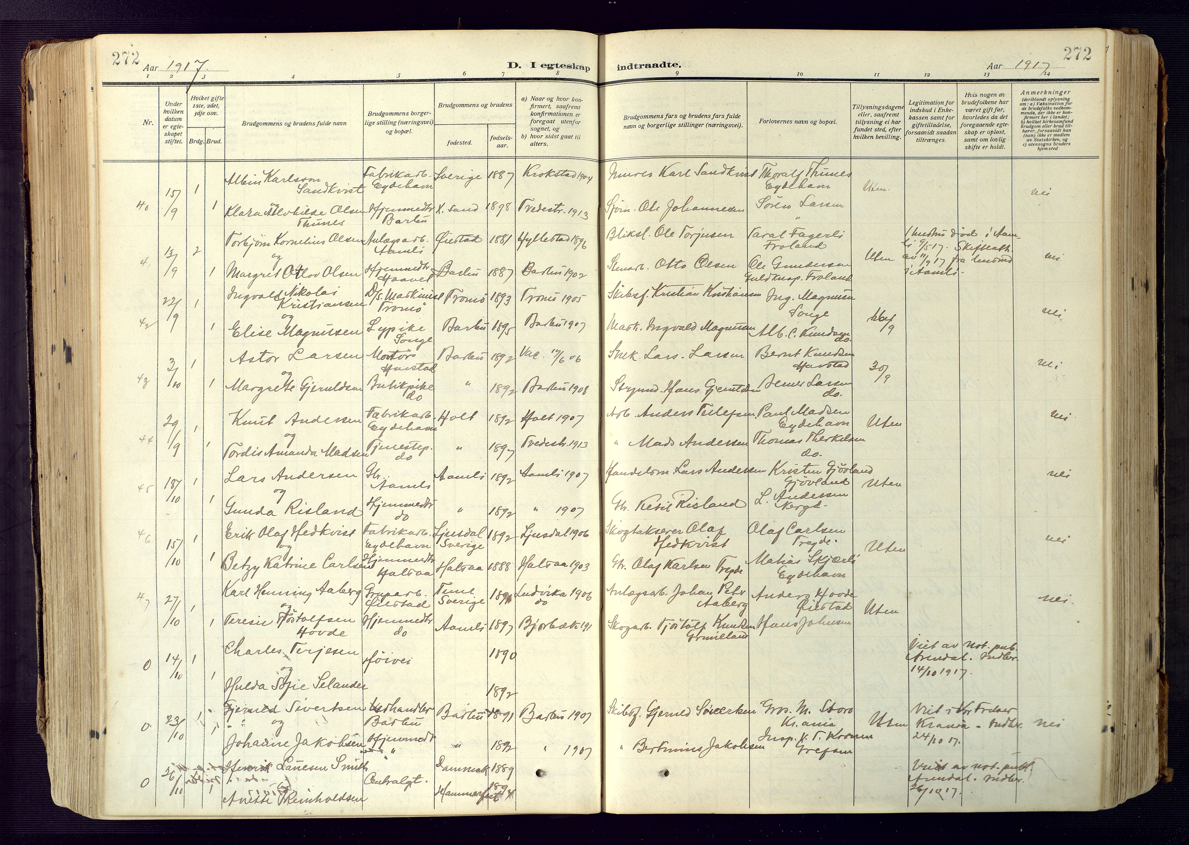 Barbu sokneprestkontor, SAK/1111-0003/F/Fa/L0006: Parish register (official) no. A 6, 1910-1929, p. 272