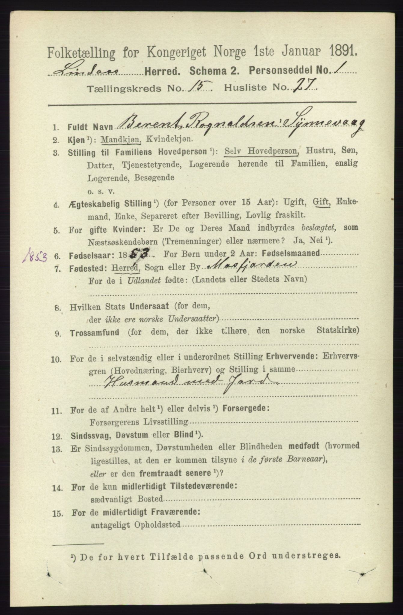 RA, 1891 census for 1263 Lindås, 1891, p. 5432