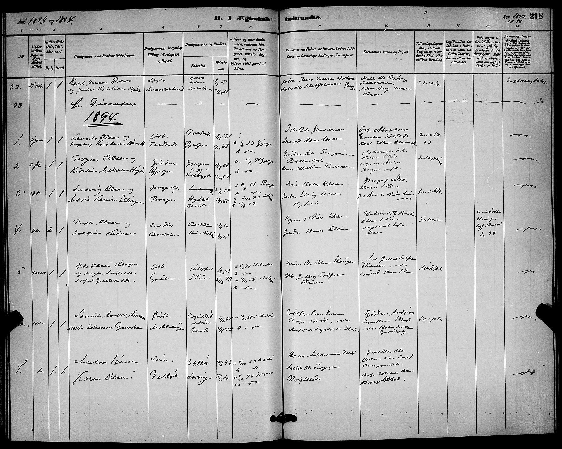 Solum kirkebøker, SAKO/A-306/G/Ga/L0007: Parish register (copy) no. I 7, 1884-1898, p. 218