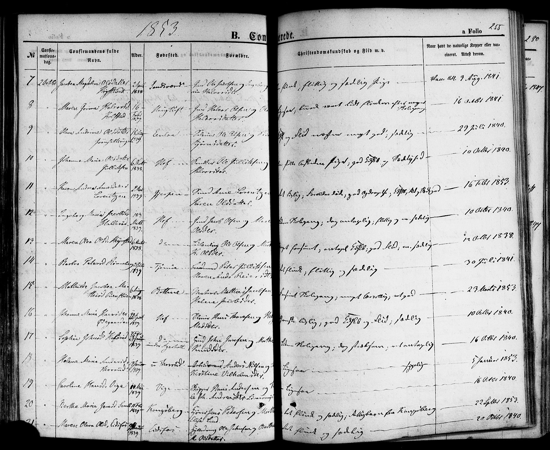 Hof kirkebøker, AV/SAKO-A-64/F/Fa/L0006: Parish register (official) no. I 6, 1851-1877, p. 255