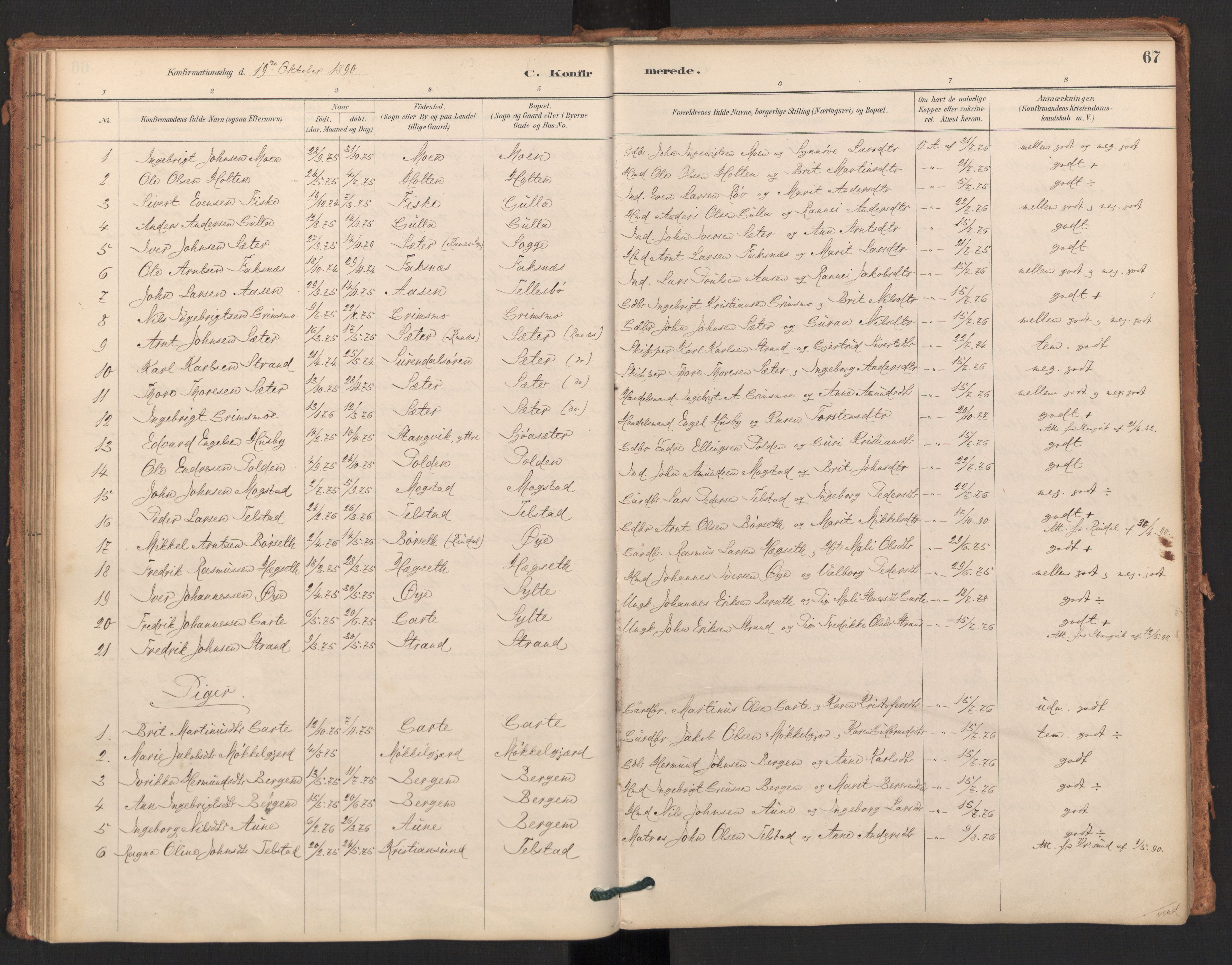 Ministerialprotokoller, klokkerbøker og fødselsregistre - Møre og Romsdal, AV/SAT-A-1454/596/L1056: Parish register (official) no. 596A01, 1885-1900, p. 67