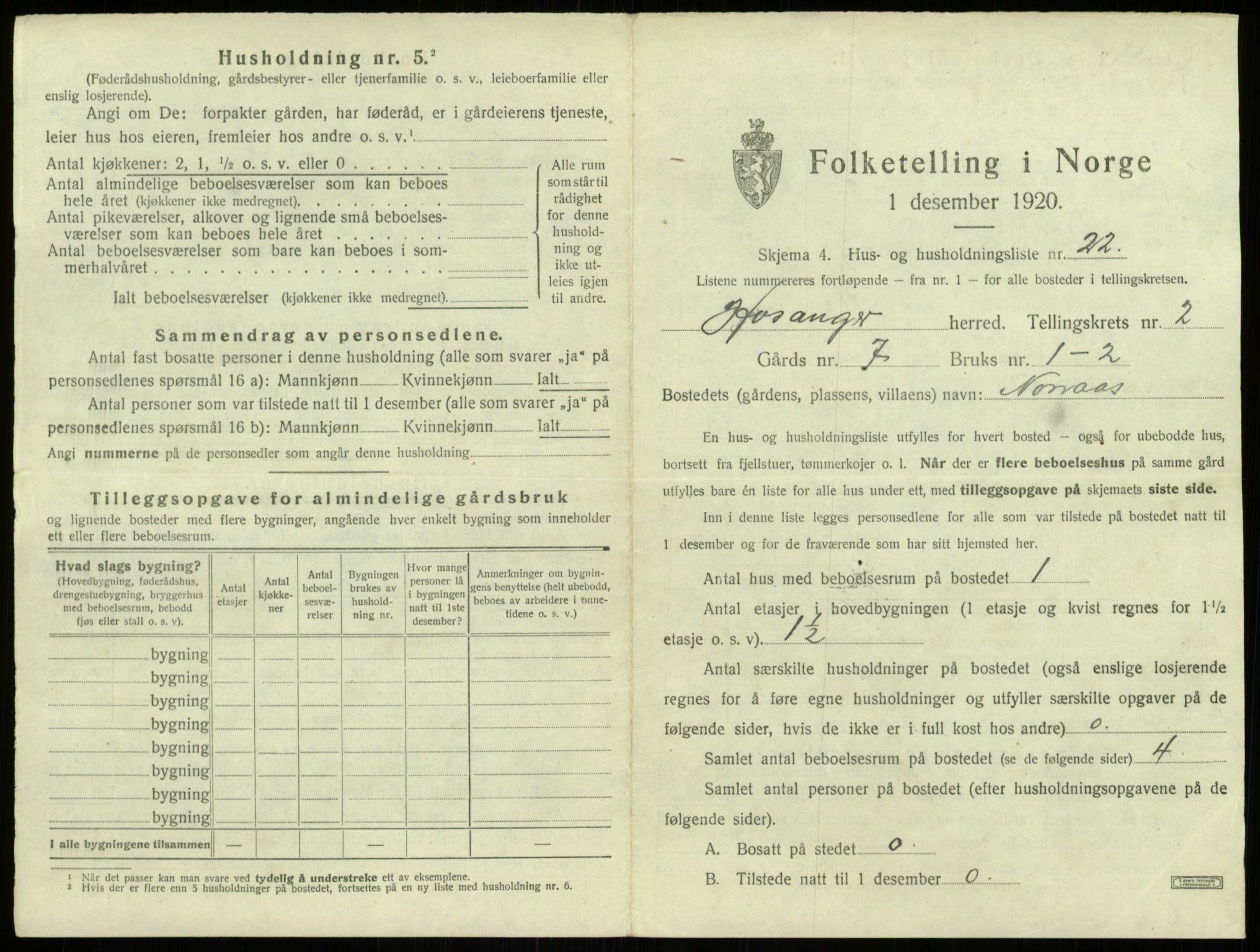 SAB, 1920 census for Hosanger, 1920, p. 140