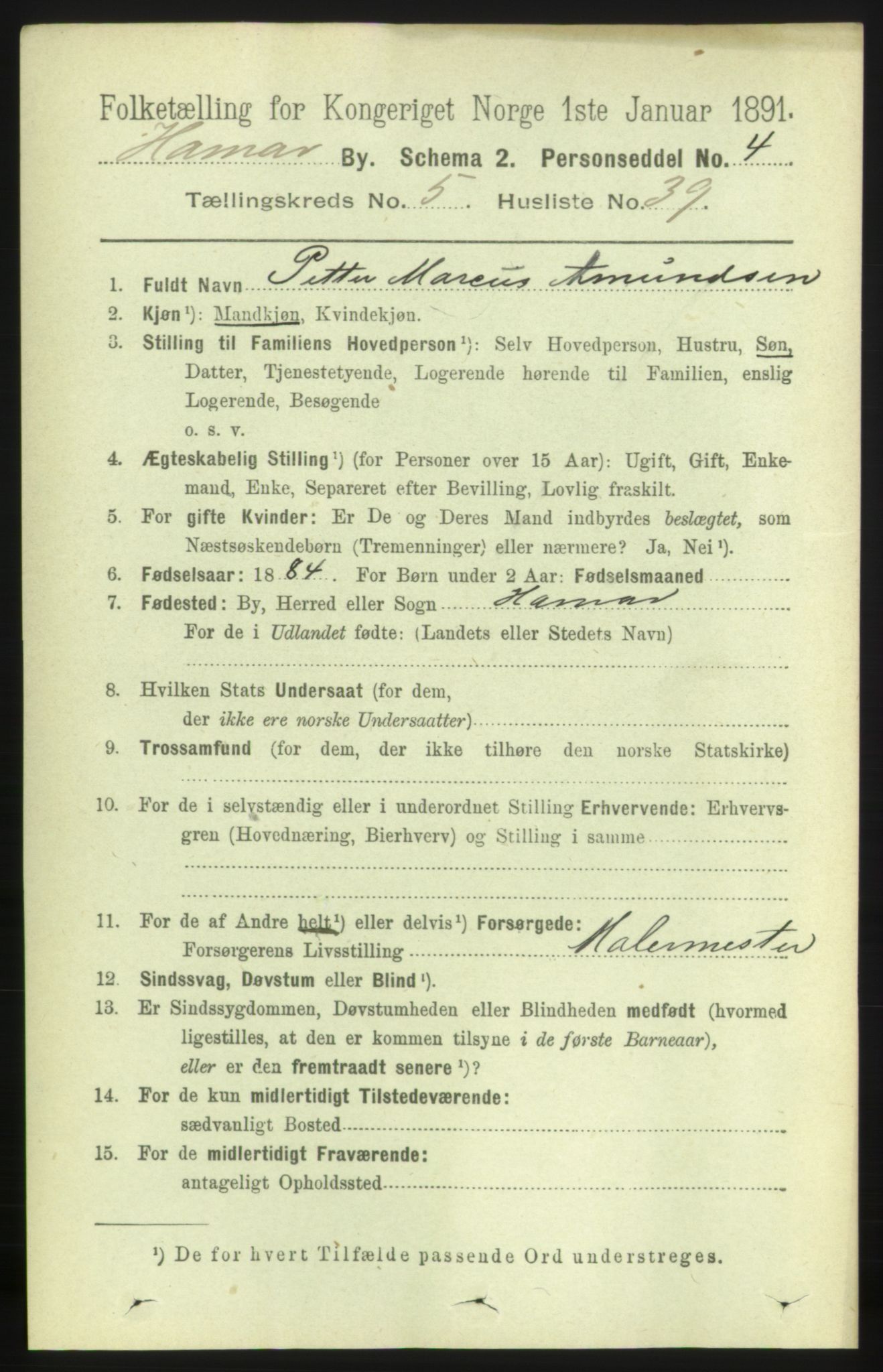 RA, 1891 census for 0401 Hamar, 1891, p. 4307