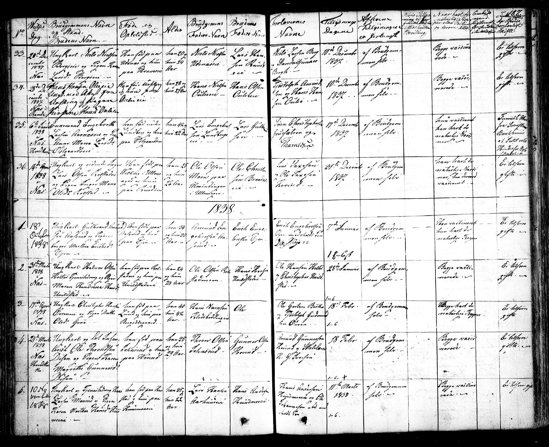 Nes prestekontor Kirkebøker, AV/SAO-A-10410/F/Fa/L0006: Parish register (official) no. I 6, 1833-1845, p. 187