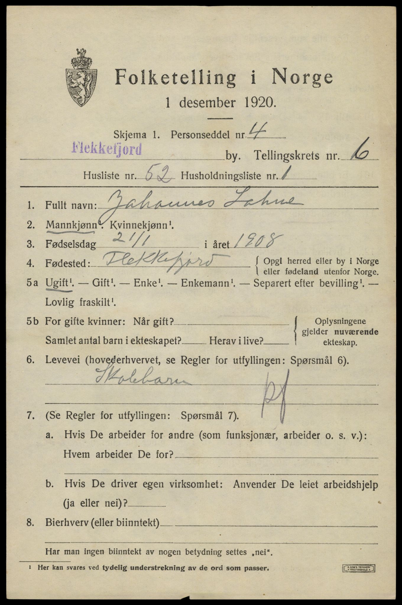 SAK, 1920 census for Flekkefjord, 1920, p. 6398