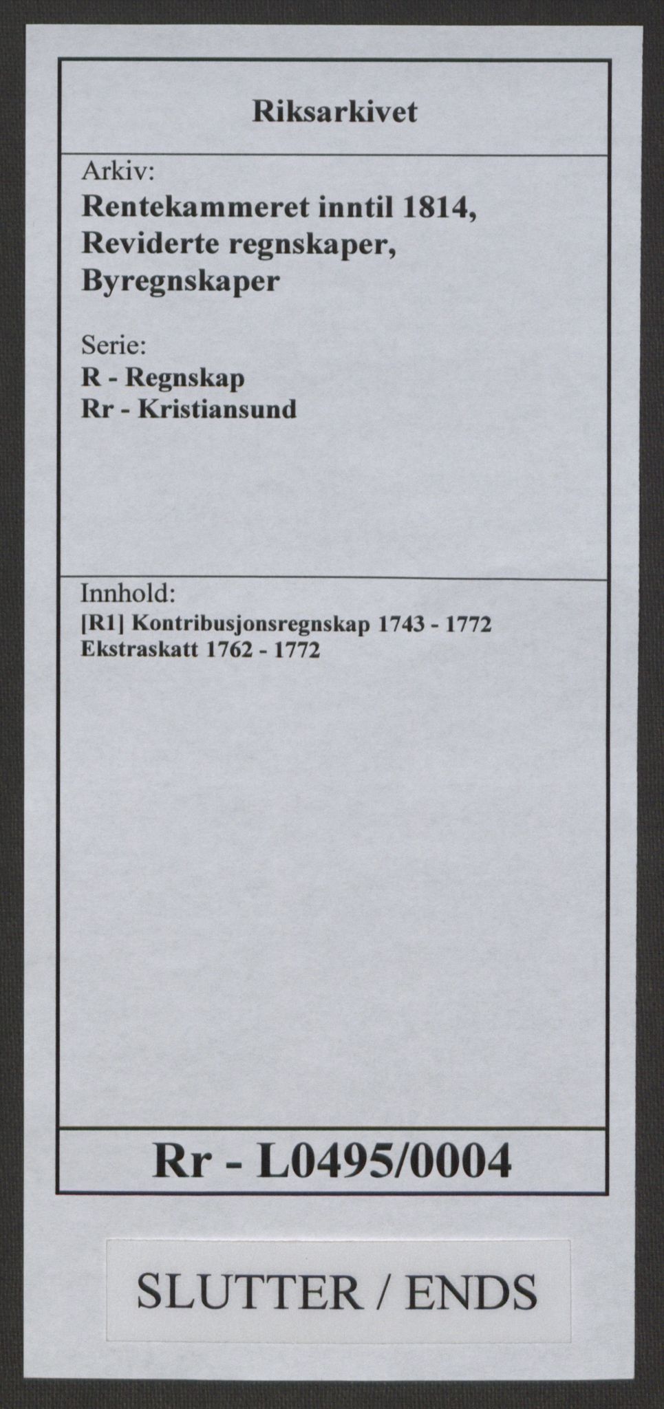 Rentekammeret inntil 1814, Reviderte regnskaper, Byregnskaper, AV/RA-EA-4066/R/Rr/L0495/0004: [R1] Kontribusjonsregnskap / Ekstraskatt, 1762-1772, p. 289