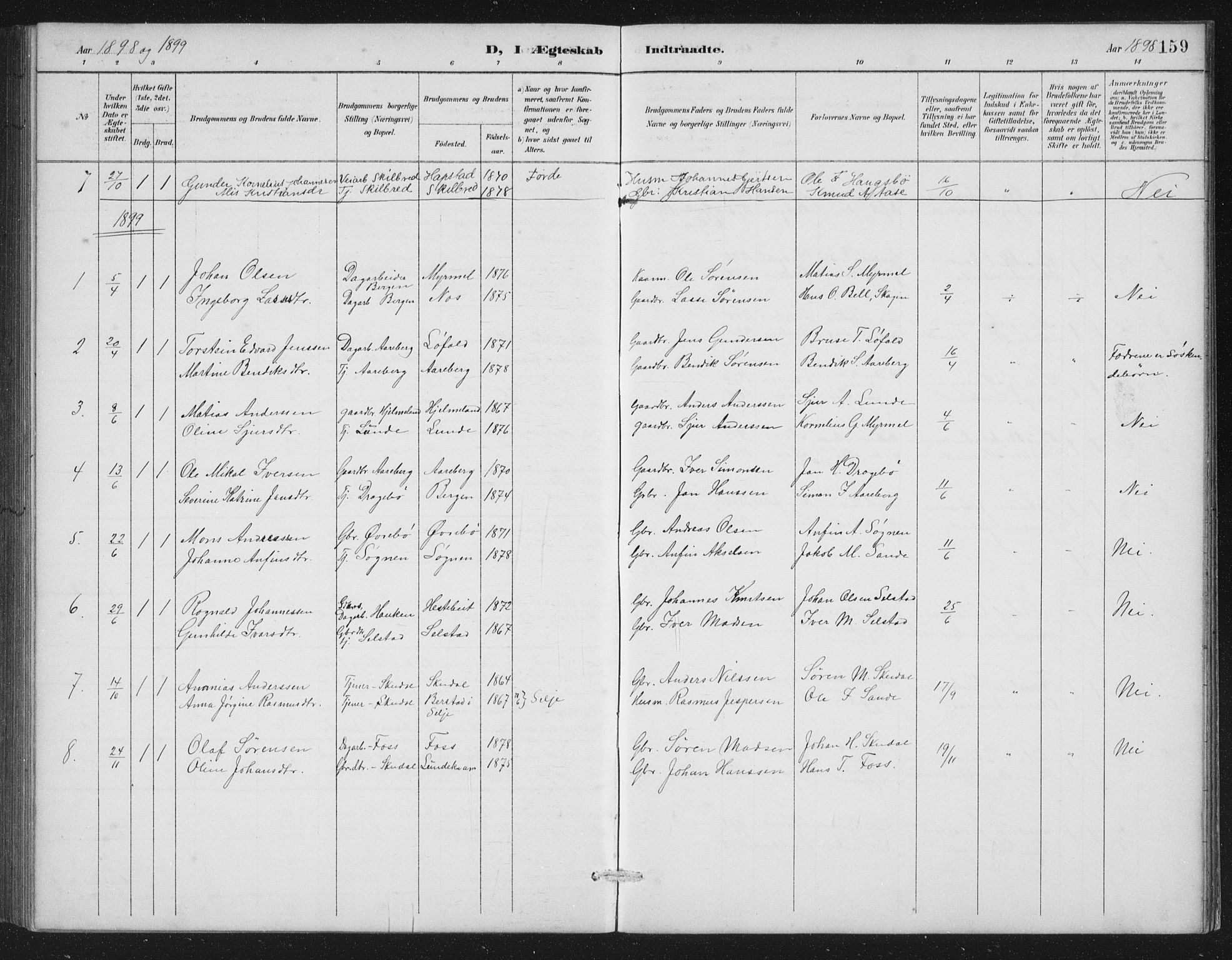 Gaular sokneprestembete, SAB/A-80001/H/Hab: Parish register (copy) no. A 4, 1889-1912, p. 159