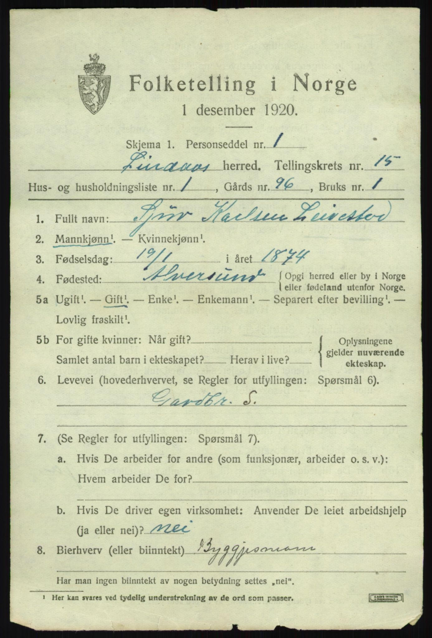 SAB, 1920 census for Lindås, 1920, p. 7541